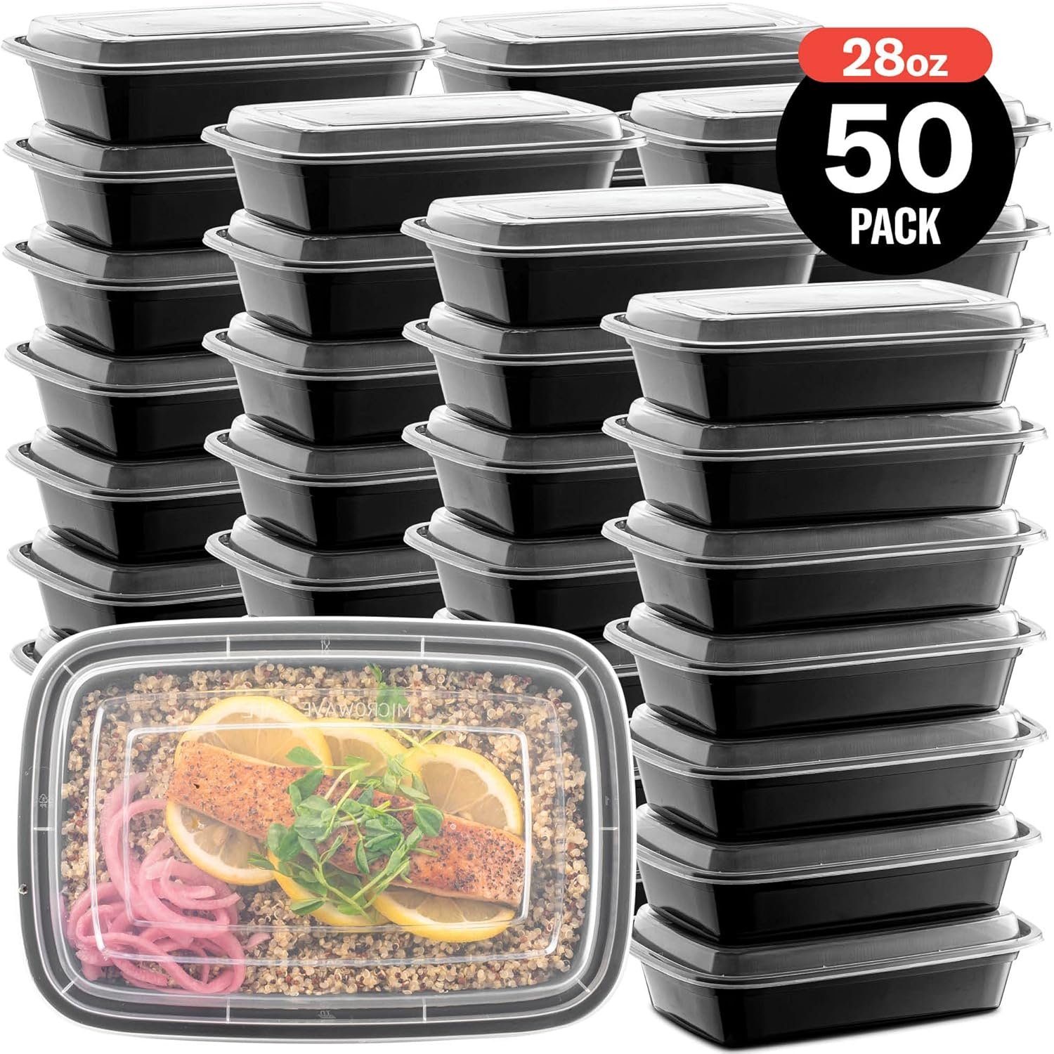 Marchio Bianco Confezione da 50 Contenitori Riutilizzabili per Preparazione Pasti 28 oz 1 Comparto con Coperchi Senza BPA Sicuri per Microonde Lavastoviglie e Congelatore Logo Personalizzato dal Produttore