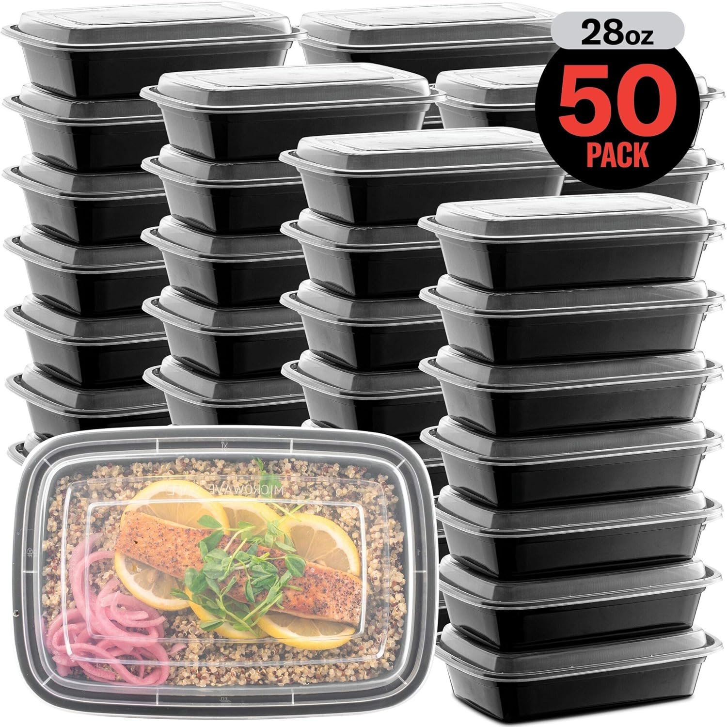 Marchio Bianco Confezione da 50 Contenitori Riutilizzabili per Preparazione Pasti 28 oz 1 Comparto con Coperchi Senza BPA Sicuri per Microonde Lavastoviglie e Congelatore Logo Personalizzato dal Produttore