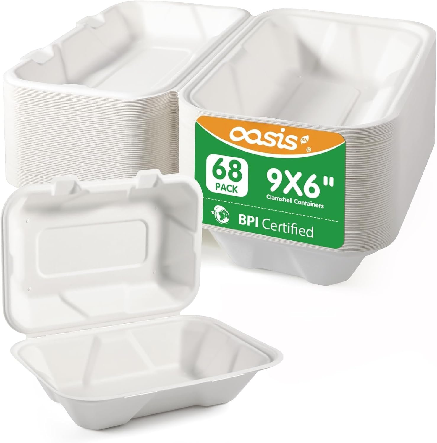 Produttore di Contenitori Clamshell per Cibo da Asporto 9x6", Confezione da 68 Compostabili ad Alta Resistenza Monouso in Carta con Logo Personalizzato - Scatole Pranzo Ecologiche Biodegradabili Marchio Bianco (Bianco)
