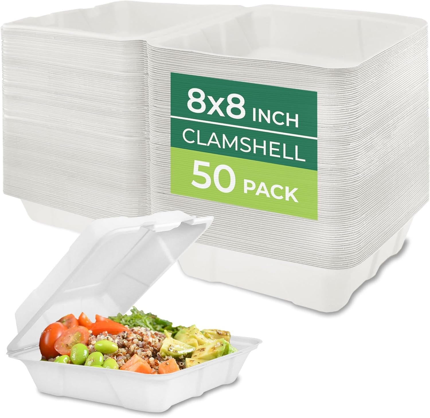 Produttore di Contenitori per Alimenti a Guscio Compostabili 8x8" 50 Pezzi con Logo Personalizzato - Biodegradabili in Canna da Zucchero per Asporto Robusti in Carta Adatti al Microonde e Congelatore Impilabili in Marchio Bianco
