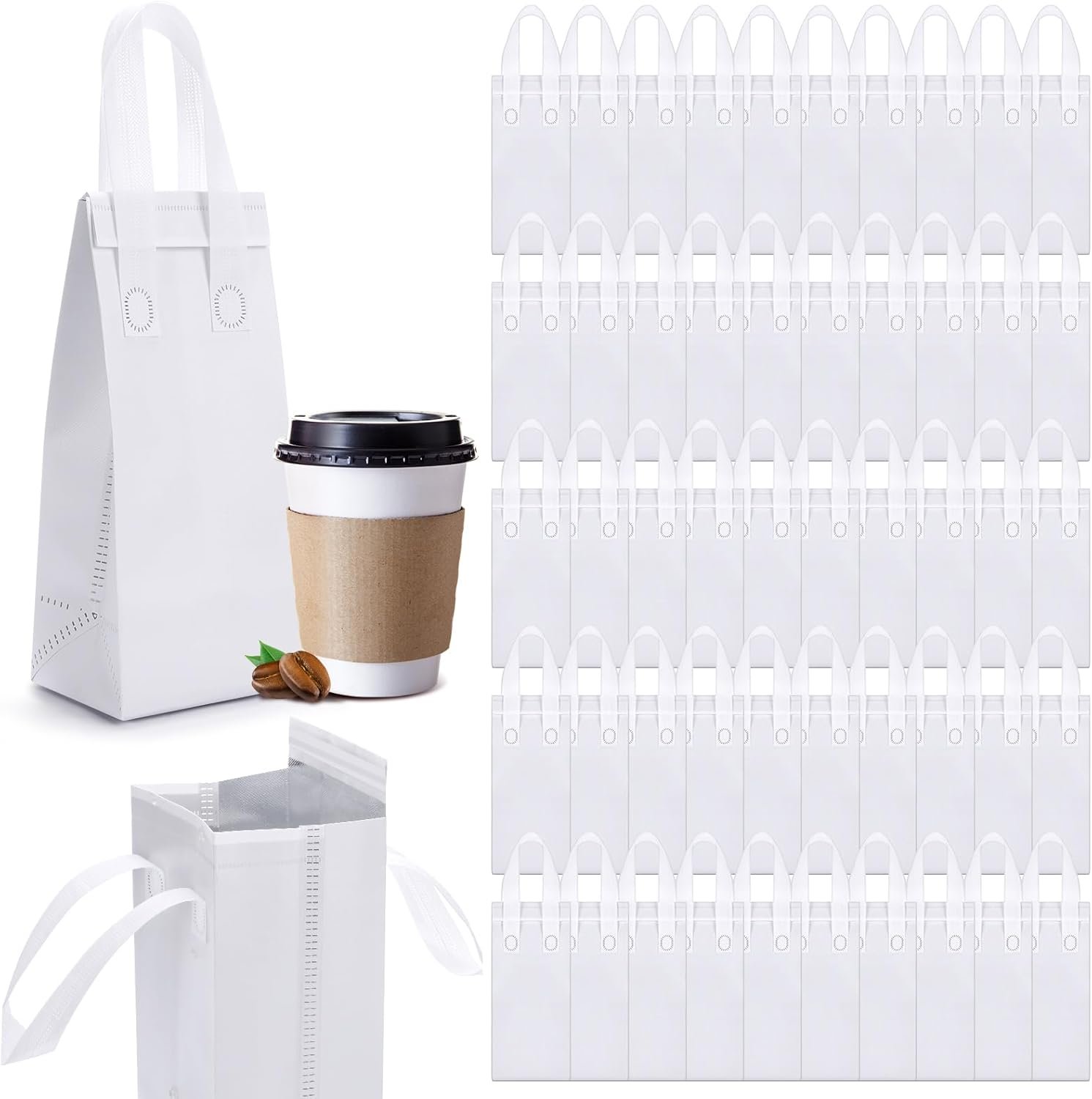 Logo Personalizzato per Borse Termoisolanti 50 Pz. Bulk Portabevande Singolo Bicchiere Marchio Bianco con Maniglia Riutilizzabili per Caffè Asporto Bevande Calde Fredde Bianche dal Fornitore