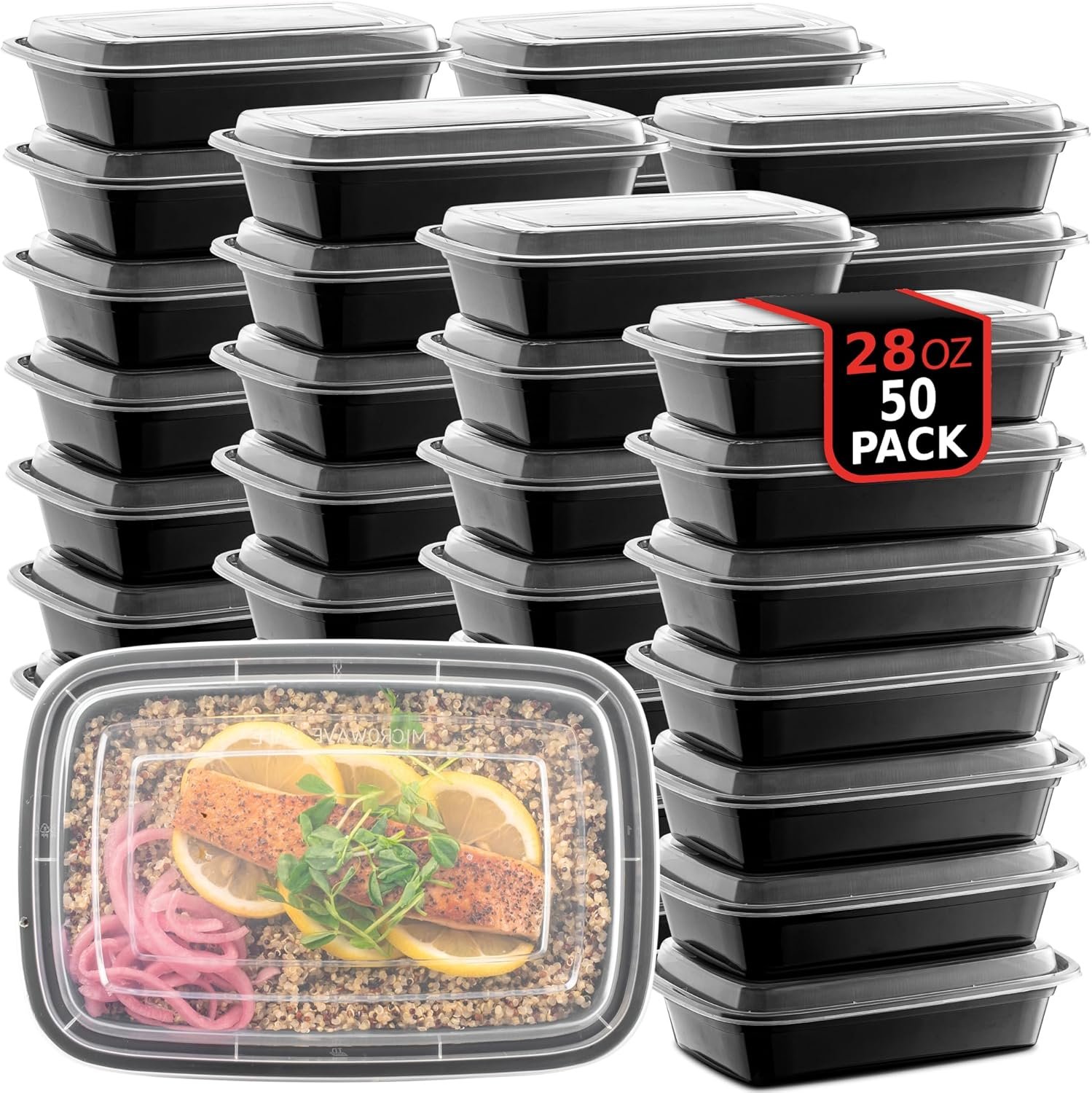 Marchio Bianco Confezione da 50 Contenitori Riutilizzabili per Preparazione Pasti 28 oz 1 Comparto con Coperchi Senza BPA Sicuri per Microonde Lavastoviglie e Congelatore Logo Personalizzato dal Produttore