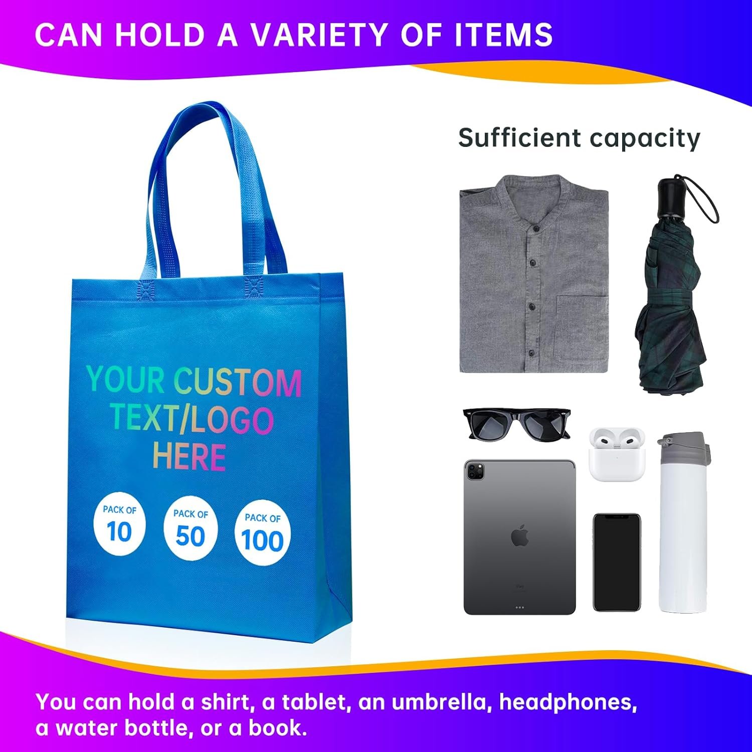 Logo Personalizzato Borse Tote Promozionali 10/50/100 Pezzi Riutilizzabili dal Produttore 15 x 12 x 4 Pollici con Manici Marchio Bianco