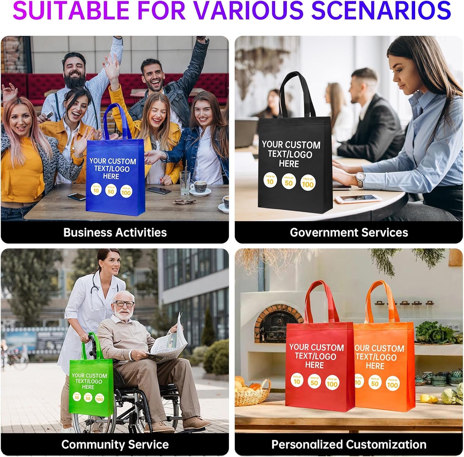 Logo Personalizzato Borse Tote Promozionali 10/50/100 Pezzi Riutilizzabili dal Produttore 15 x 12 x 4 Pollici con Manici Marchio Bianco
