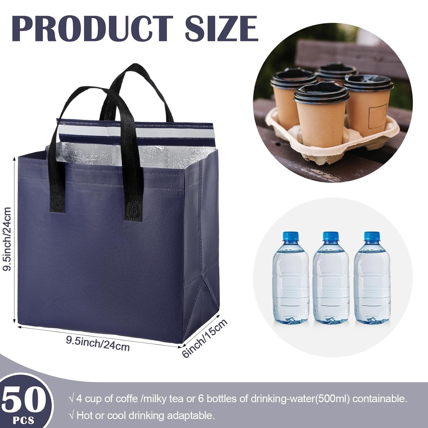 Fornitore Borse Termiche Isolate per Asporto con Logo Personalizzato 50 Pezzi All'ingrosso Isolamento Termico per Caffè Latte Tè Cibo Caldo Freddo Fresco Seafood Catering Ristoranti Negozi Alimentari Marchio Bianco (24x24x15cm, Blu Navy)