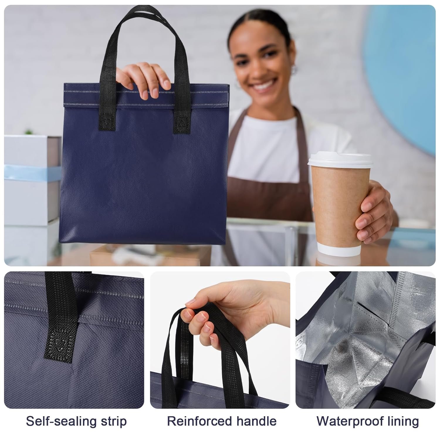 Fornitore Borse Termiche Isolate per Asporto con Logo Personalizzato 50 Pezzi All'ingrosso Isolamento Termico per Caffè Latte Tè Cibo Caldo Freddo Fresco Seafood Catering Ristoranti Negozi Alimentari Marchio Bianco (24x24x15cm, Blu Navy)
