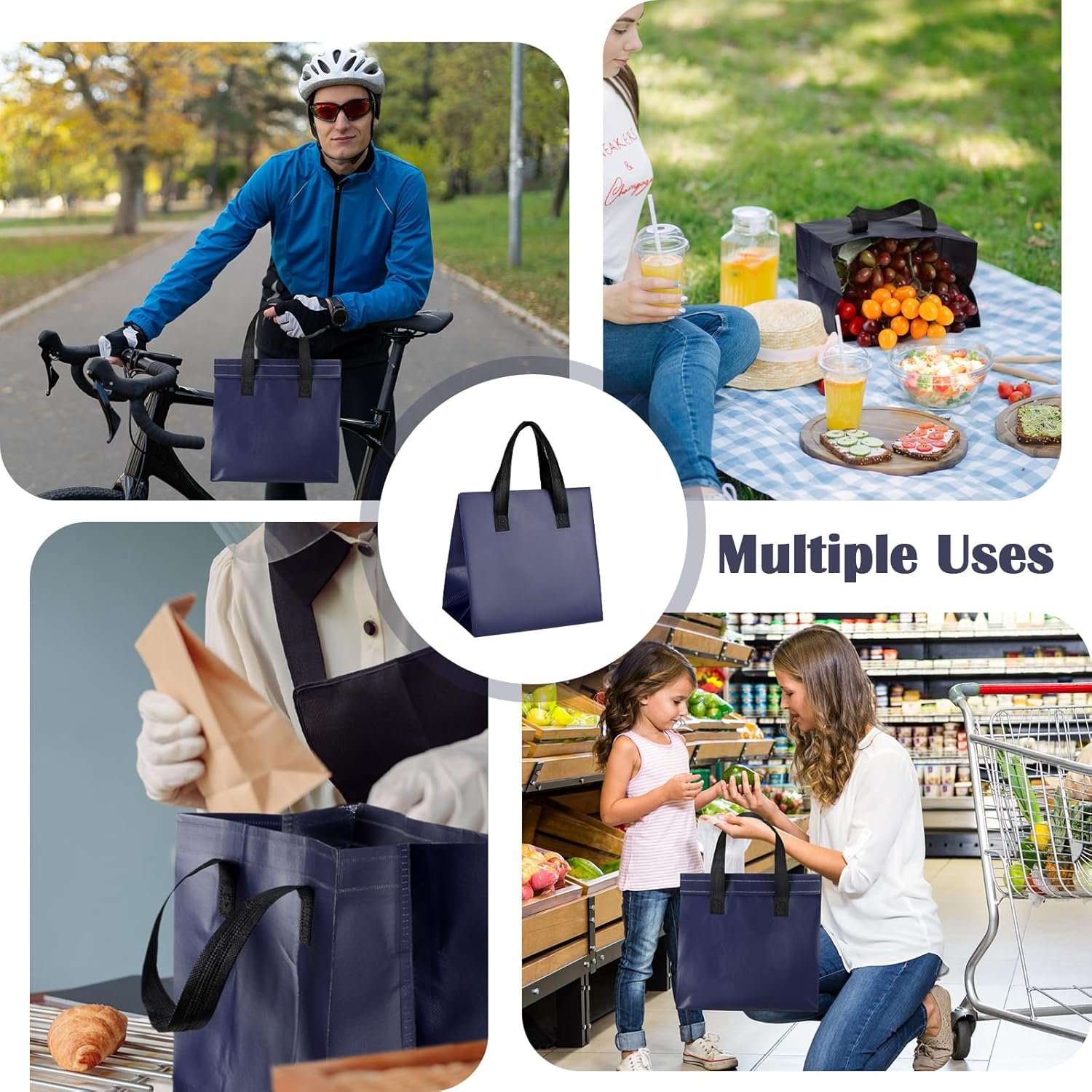 Fornitore Borse Termiche Isolate per Asporto con Logo Personalizzato 50 Pezzi All'ingrosso Isolamento Termico per Caffè Latte Tè Cibo Caldo Freddo Fresco Seafood Catering Ristoranti Negozi Alimentari Marchio Bianco (24x24x15cm, Blu Navy)