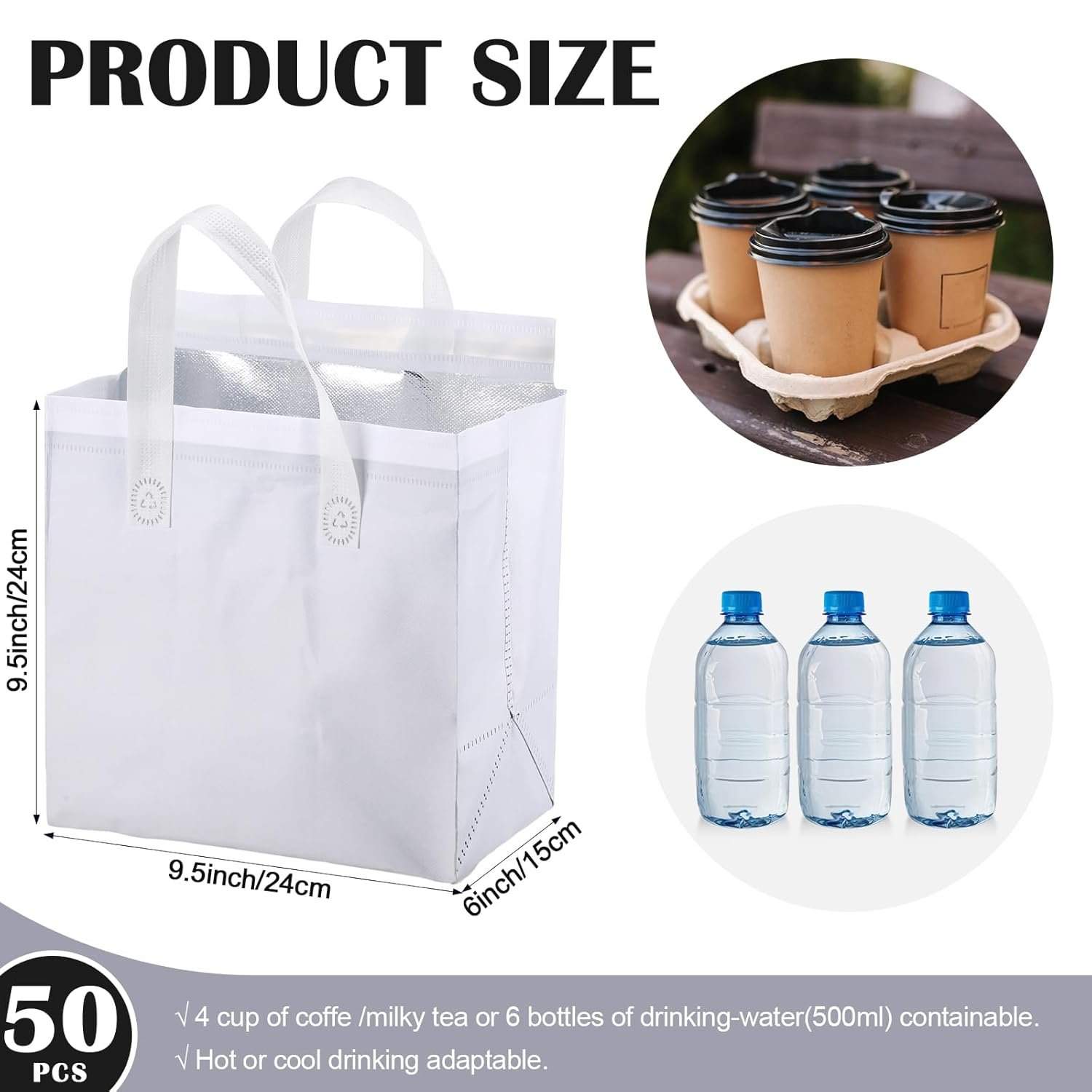 Logo Personalizzato 50 Buste Termiche Isolate per Asporto All'ingrosso Isolamento per Caffè Latte Tè Cibi Caldi Freddi Frutti di Mare Ristoranti Catering Marchio Bianco dal Produttore (24x24x15 cm, Bianco)