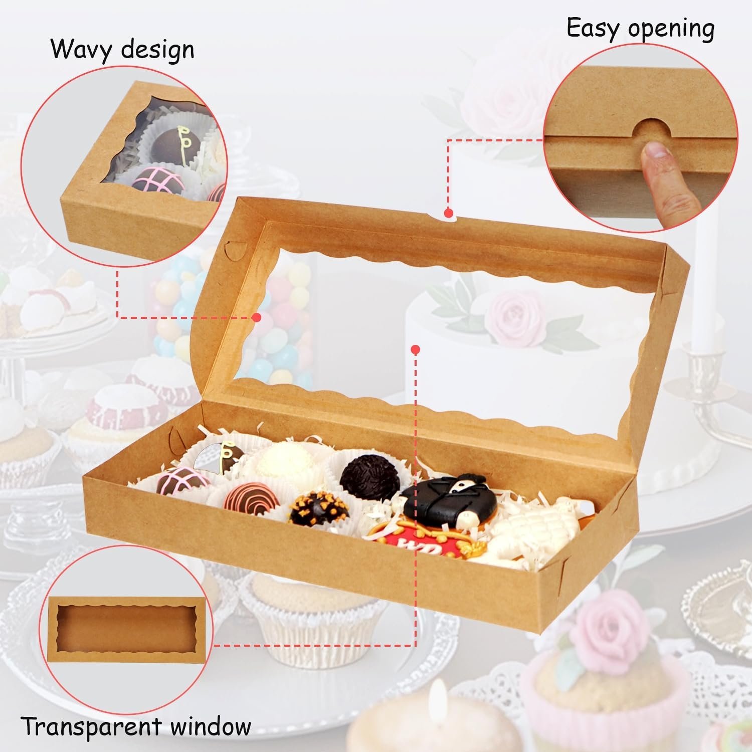 Fornitore di Scatole da Pasticceria Bianche con Finestra 15PCS 12x5x1.5 pollici Logo Personalizzato per Biscotti Tartufi Cioccolato Macaron Cakesicle Brownies Dolcetti Marchio Bianco Natale San Valentino Pasqua Festa della Mamma