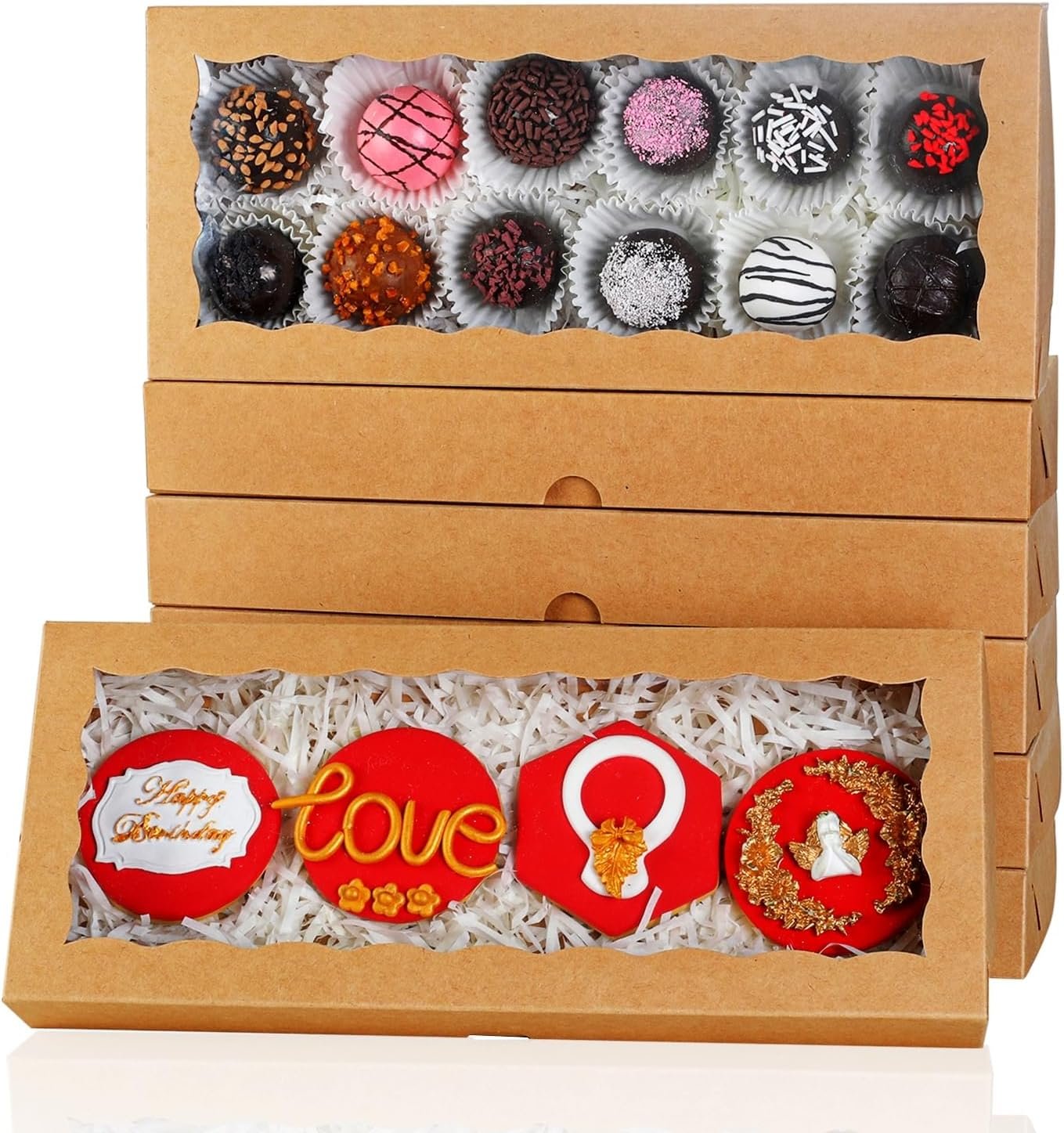 Fornitore di Scatole da Pasticceria Bianche con Finestra 15PCS 12x5x1.5 pollici Logo Personalizzato per Biscotti Tartufi Cioccolato Macaron Cakesicle Brownies Dolcetti Marchio Bianco Natale San Valentino Pasqua Festa della Mamma