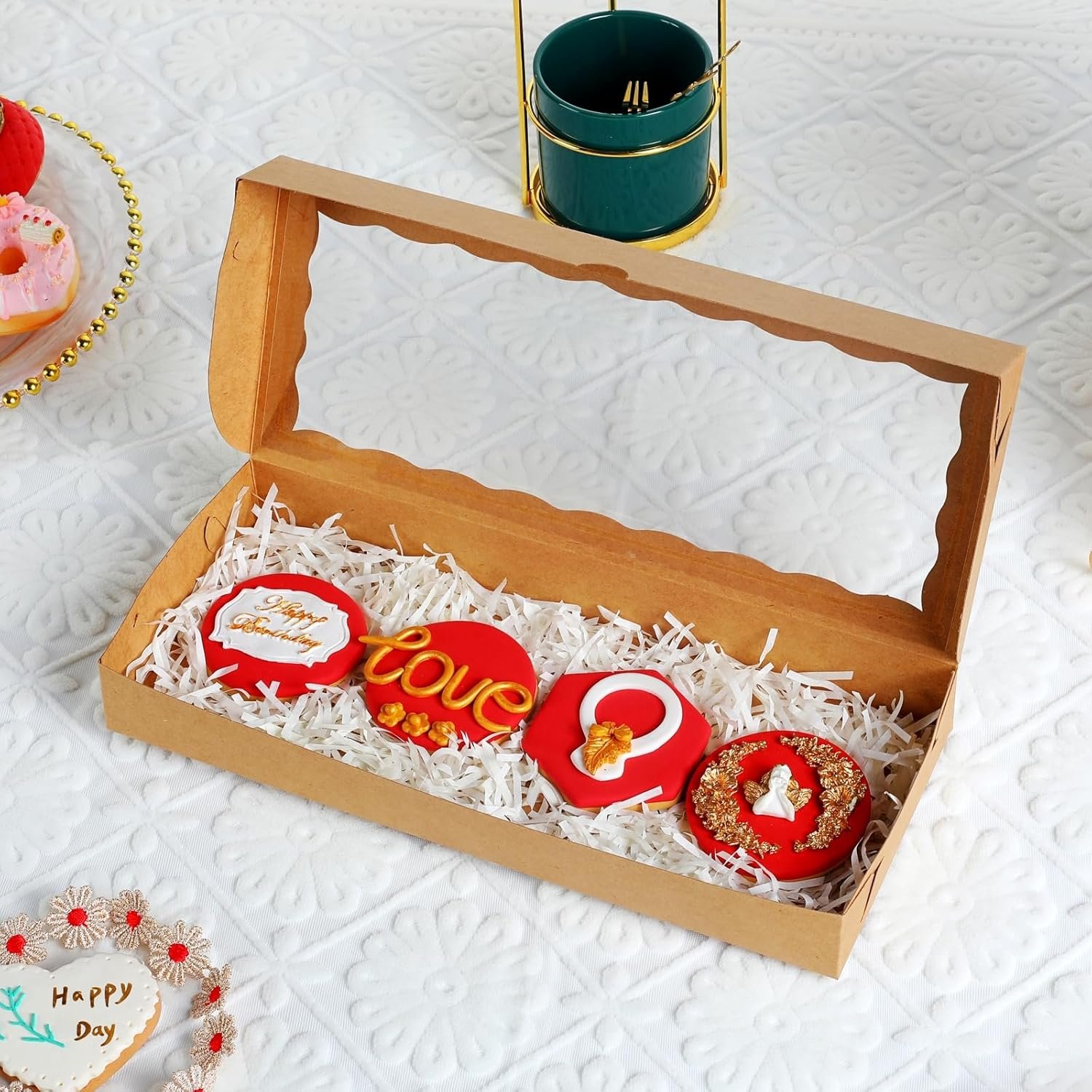 Fornitore di Scatole da Pasticceria Bianche con Finestra 15PCS 12x5x1.5 pollici Logo Personalizzato per Biscotti Tartufi Cioccolato Macaron Cakesicle Brownies Dolcetti Marchio Bianco Natale San Valentino Pasqua Festa della Mamma