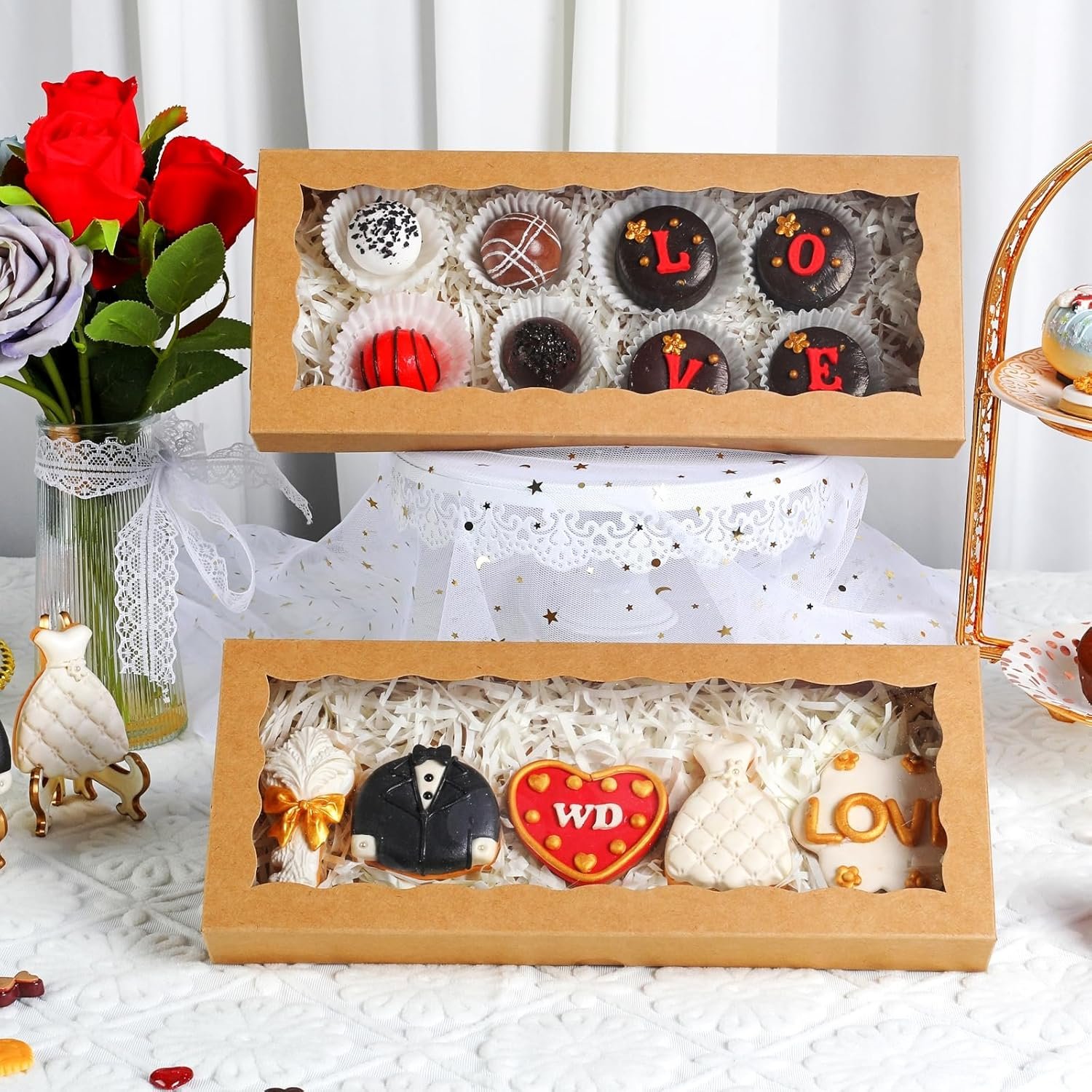 Fornitore di Scatole da Pasticceria Bianche con Finestra 15PCS 12x5x1.5 pollici Logo Personalizzato per Biscotti Tartufi Cioccolato Macaron Cakesicle Brownies Dolcetti Marchio Bianco Natale San Valentino Pasqua Festa della Mamma