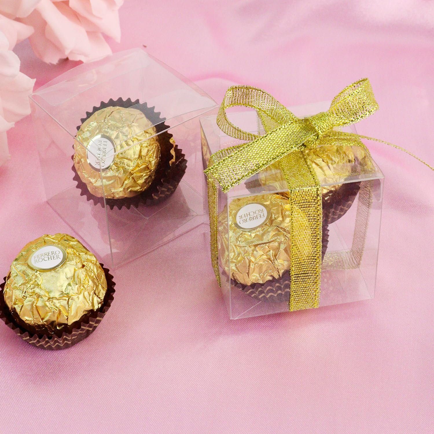 Marchio Bianco Scatoline Trasparenti per Confetti 2x2x2 Pollici con Fiocco, 50 Pezzi con Logo Personalizzato dal Produttore