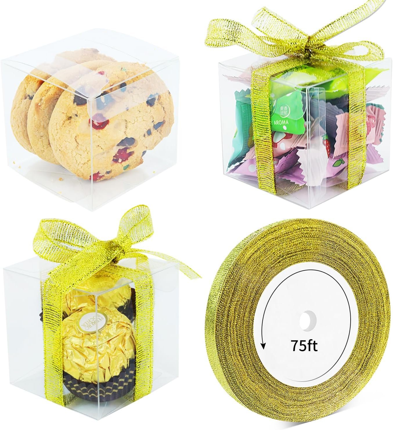 Marchio Bianco Scatoline Trasparenti per Confetti 2x2x2 Pollici con Fiocco, 50 Pezzi con Logo Personalizzato dal Produttore