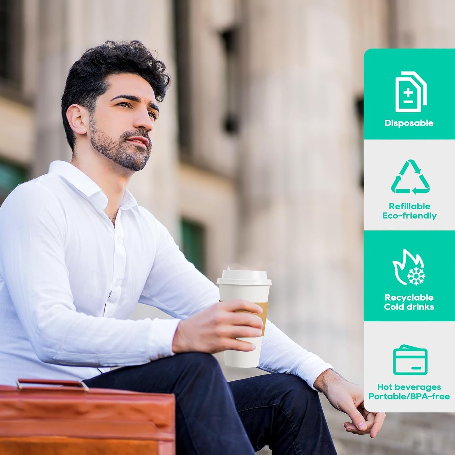 Marchio Bianco [100 Pezzi] Bicchieri Caffè Carta Monouso 16 oz con Coperchi Manicotti e Bastoncini Mescolatori con Logo Personalizzato per Bevande Calde e Fredde dal Produttore per Casa Negozi e Caffè