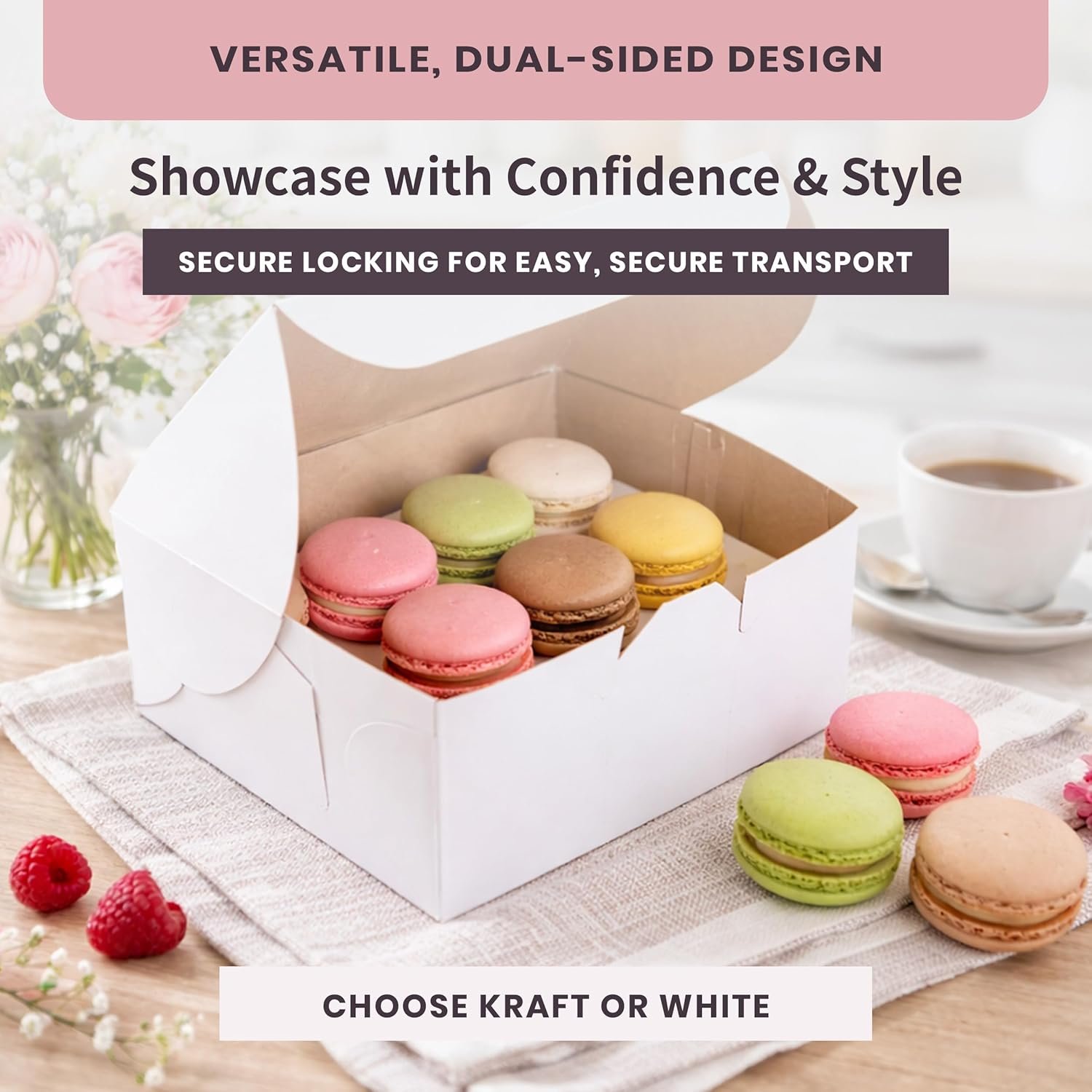 Logo Personalizzato Scatole da Pasticceria Reversibili 6” Classiche per Paste e Biscotti Marchio Bianco con Clip per Pannelli Laterali Speciali e Chiusura Frontale a Incastro Fornitore Misura 6 x 6 x 3 Confezione da 50