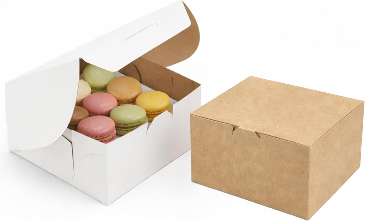 Logo Personalizzato Scatole da Pasticceria Reversibili 6” Classiche per Paste e Biscotti Marchio Bianco con Clip per Pannelli Laterali Speciali e Chiusura Frontale a Incastro Fornitore Misura 6 x 6 x 3 Confezione da 50