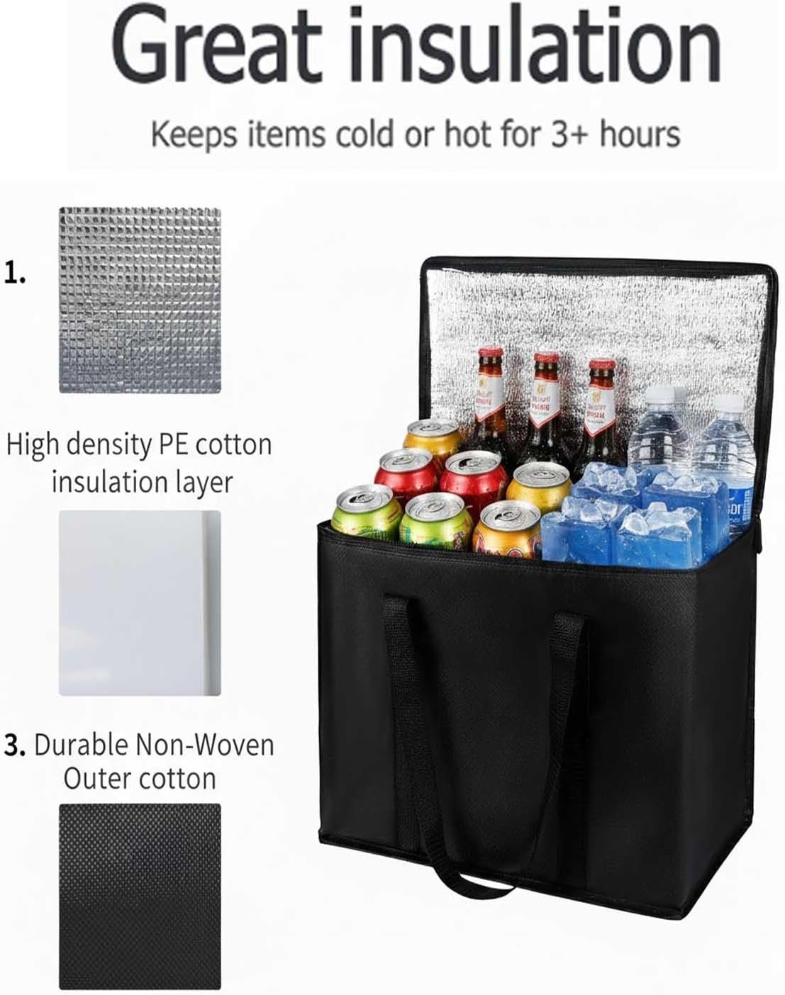 Logo Personalizzato Portabevande Isolati Neri per Consegne Borsa Riutilizzabile con Manico per Bevande e Cibi Caldi o Freddi Produttore Marchio Bianco