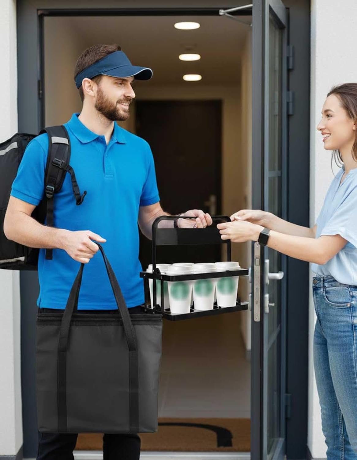 Logo Personalizzato Portabevande Isolati Neri per Consegne Borsa Riutilizzabile con Manico per Bevande e Cibi Caldi o Freddi Produttore Marchio Bianco