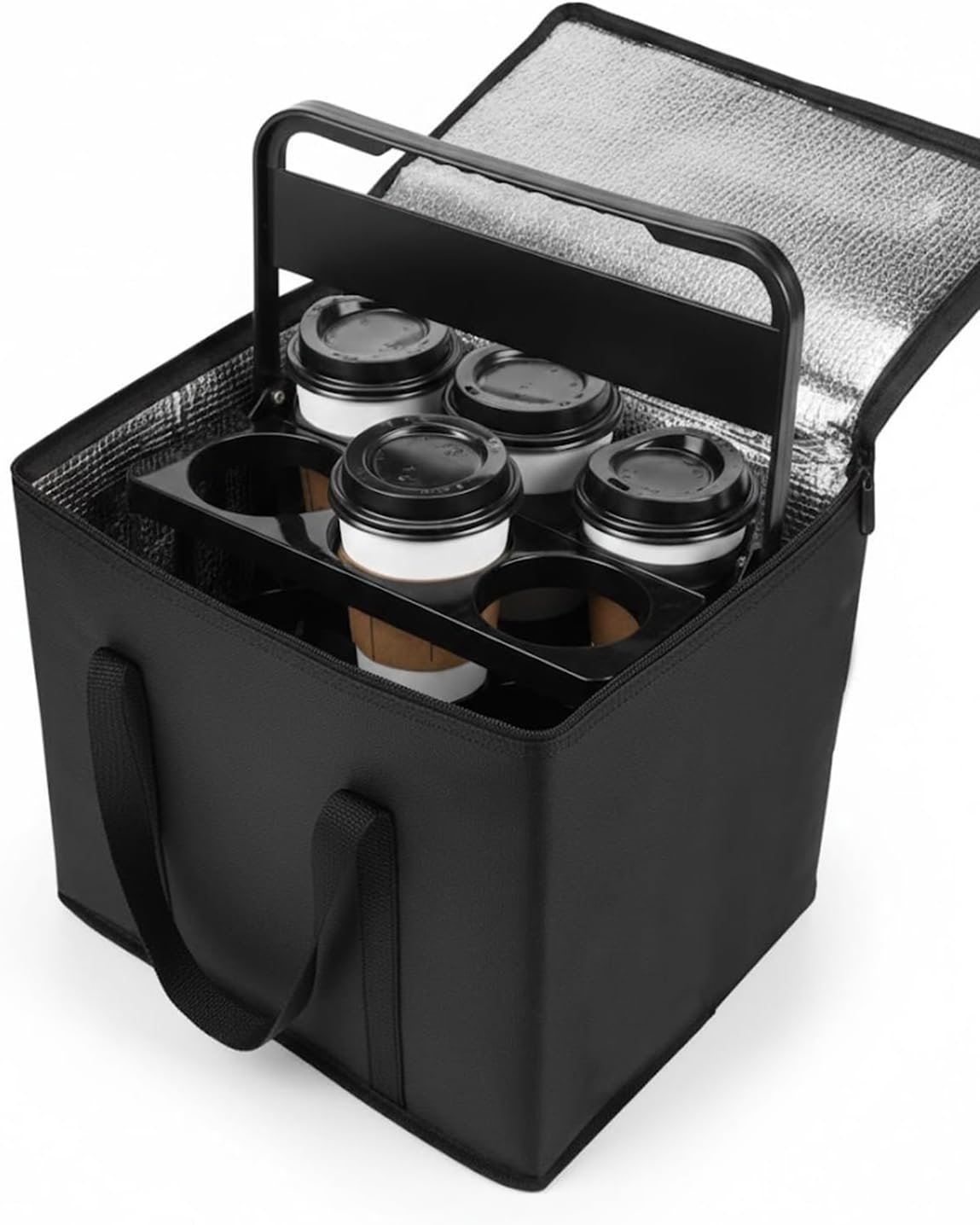 Logo Personalizzato Portabevande Isolati Neri per Consegne Borsa Riutilizzabile con Manico per Bevande e Cibi Caldi o Freddi Produttore Marchio Bianco