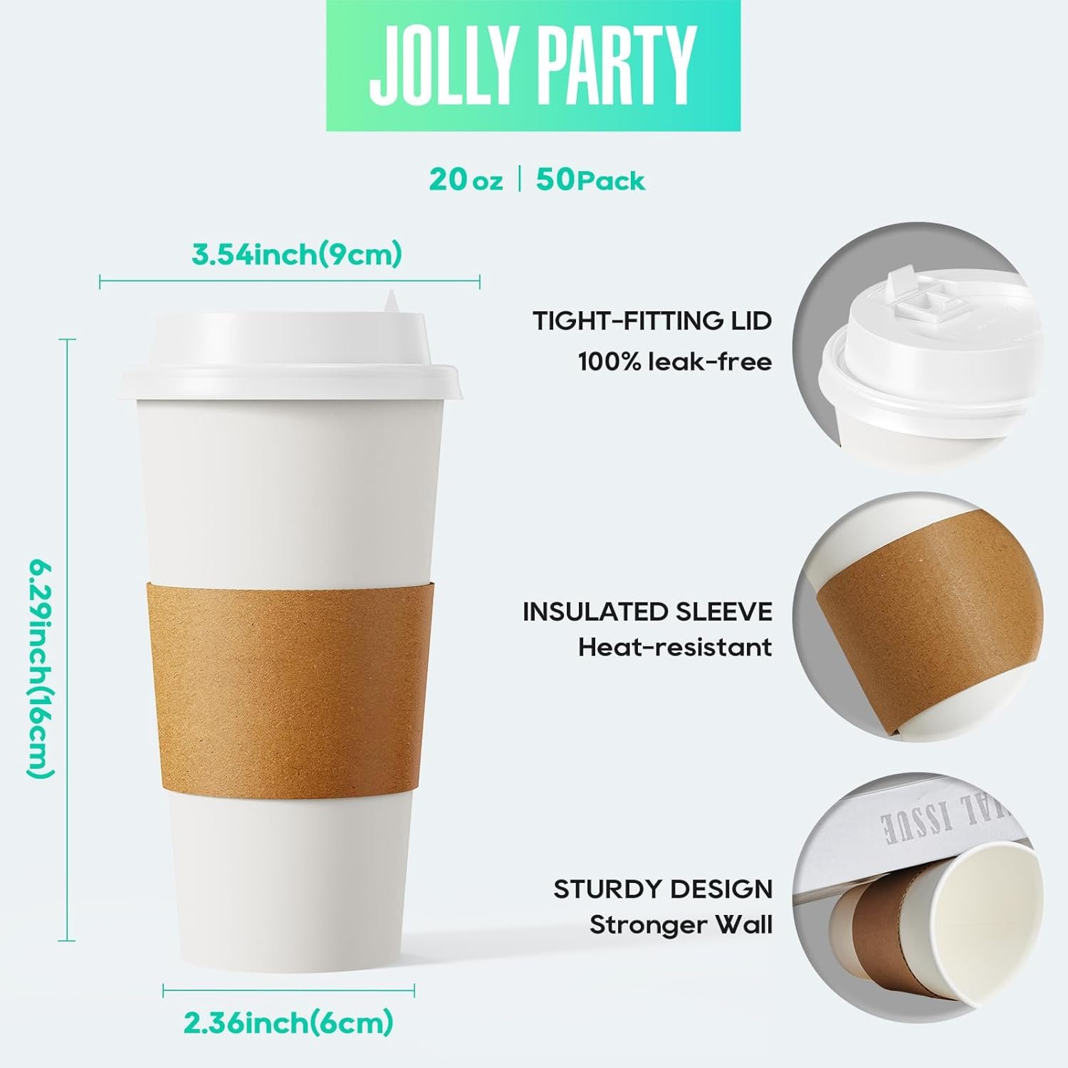 Logo Personalizzato Tazze da Caffè in Carta 20 oz Monouso con Coperchi Manicotti Bastoncini [50 pz] Marchio Bianco per Bevande Calde Fredde Acqua Succo Tè Fornitore Casa Negozi Cafè