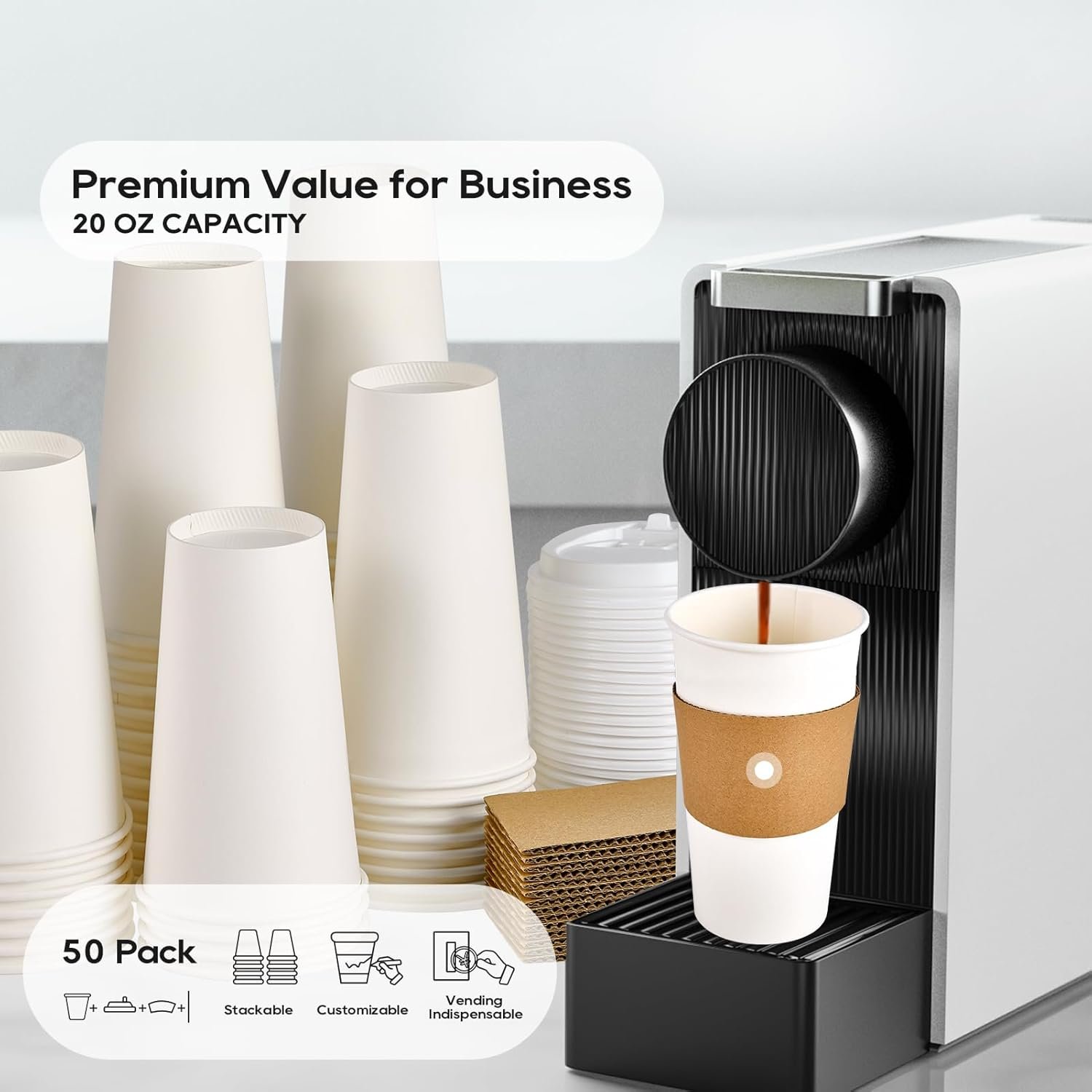 Logo Personalizzato Tazze da Caffè in Carta 20 oz Monouso con Coperchi Manicotti Bastoncini [50 pz] Marchio Bianco per Bevande Calde Fredde Acqua Succo Tè Fornitore Casa Negozi Cafè
