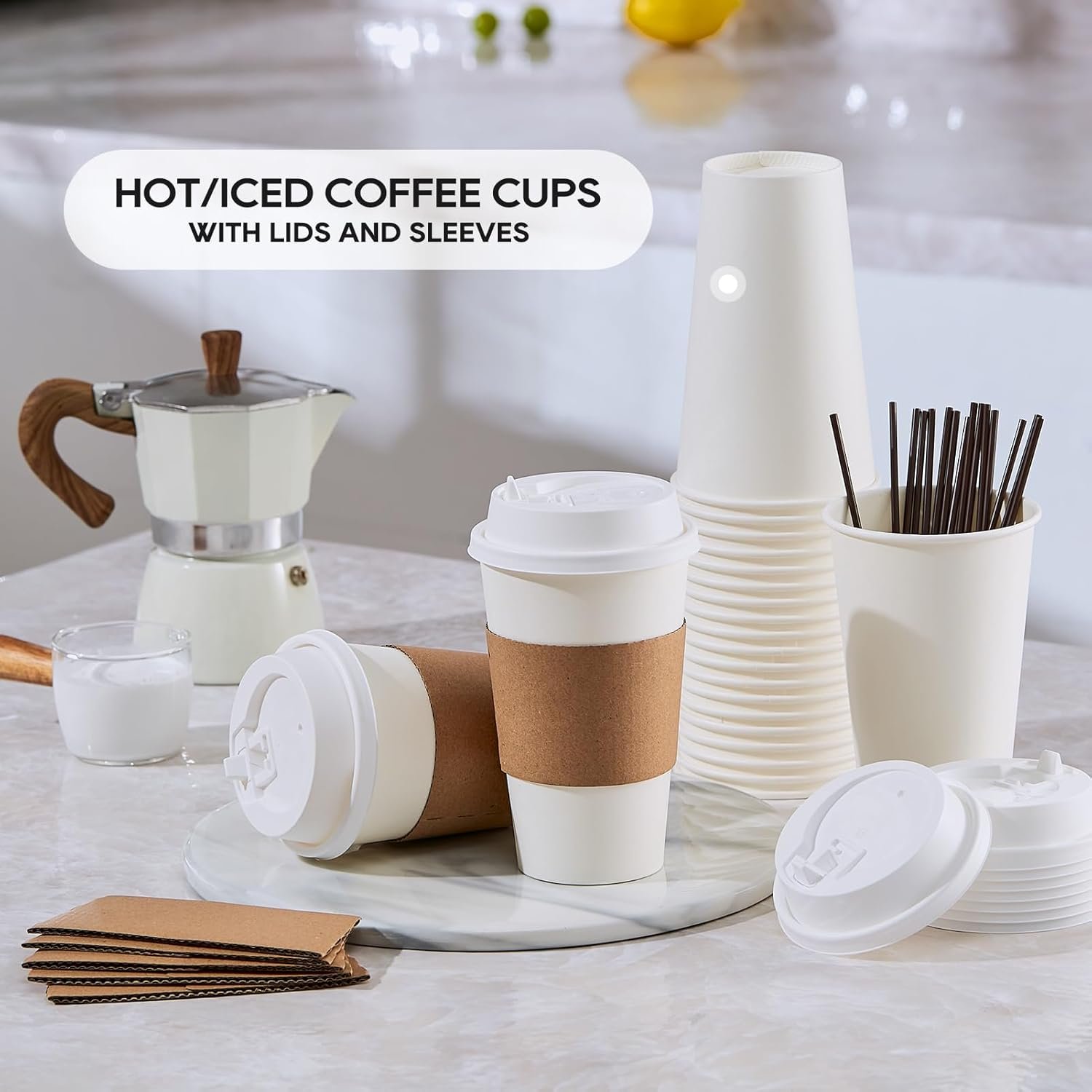 Logo Personalizzato Tazze da Caffè in Carta 20 oz Monouso con Coperchi Manicotti Bastoncini [50 pz] Marchio Bianco per Bevande Calde Fredde Acqua Succo Tè Fornitore Casa Negozi Cafè