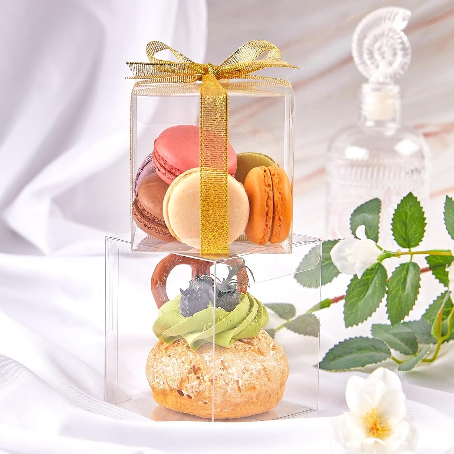 Logo Personalizzato Scatole Cubo Trasparenti 3x3x3 Pollici con Nastri Oro 30 Pz Marchio Bianco Plastica Mini per Favori Festa Dolcetti Miniregali Produttore