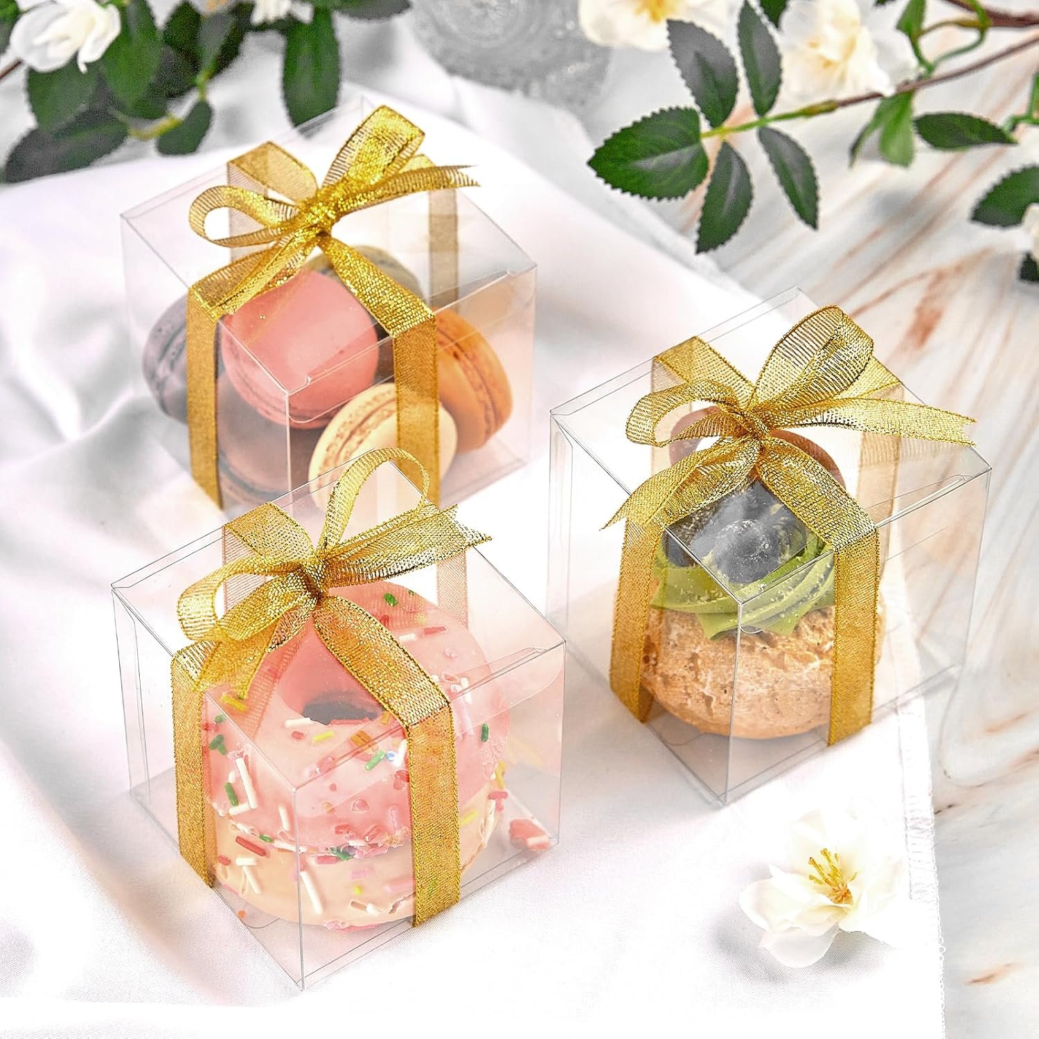 Logo Personalizzato Scatole Cubo Trasparenti 3x3x3 Pollici con Nastri Oro 30 Pz Marchio Bianco Plastica Mini per Favori Festa Dolcetti Miniregali Produttore