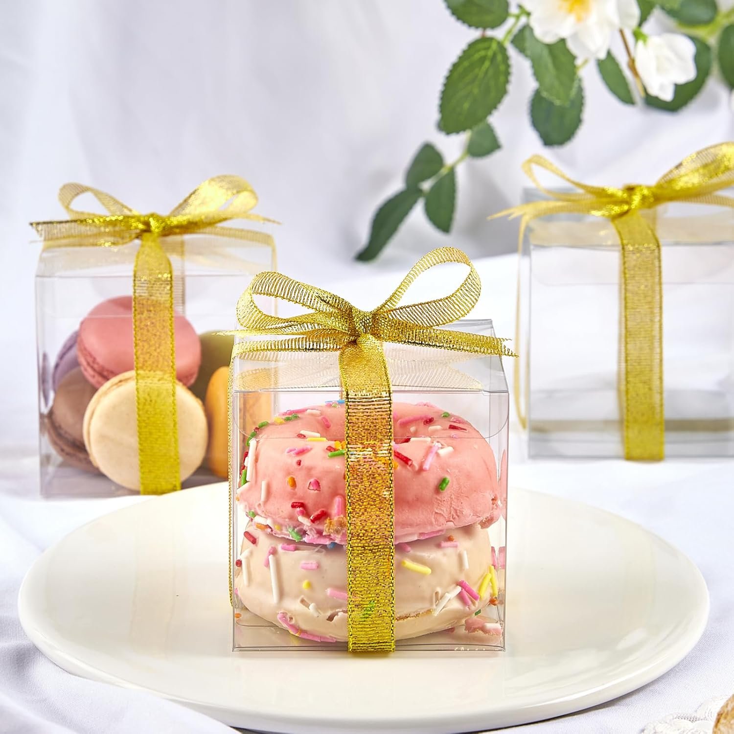 Logo Personalizzato Scatole Cubo Trasparenti 3x3x3 Pollici con Nastri Oro 30 Pz Marchio Bianco Plastica Mini per Favori Festa Dolcetti Miniregali Produttore