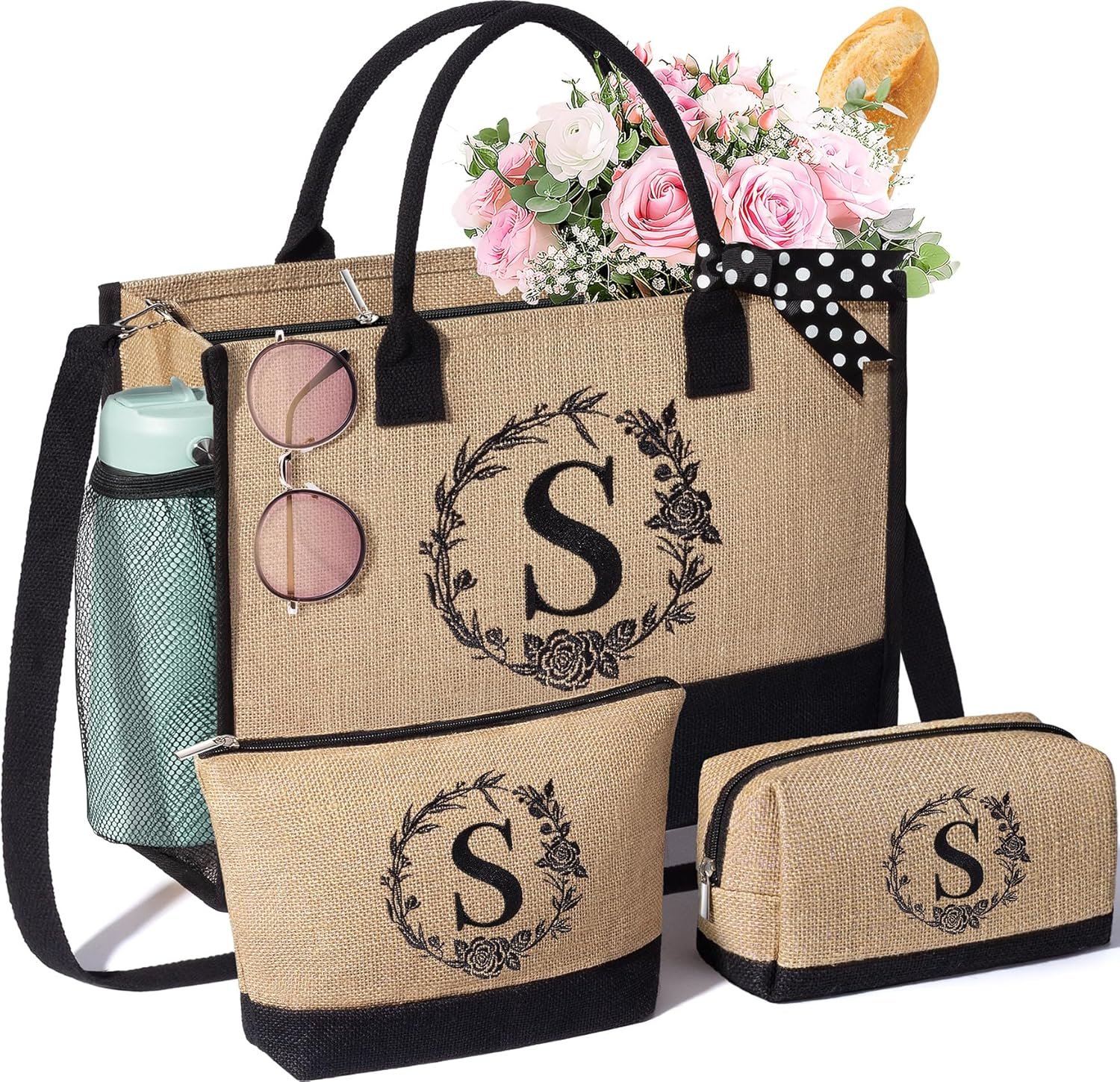 Logo Personalizzato Borse Tote Donna in Iuta con Iniziali Borse Trucco Monogrammate Borsa Spiaggia con Cerniera dal Produttore Regali Festa della Mamma Compleanno per Mamma Figlia Sorella Nonna Insegnante Infermiera Marchio Bianco