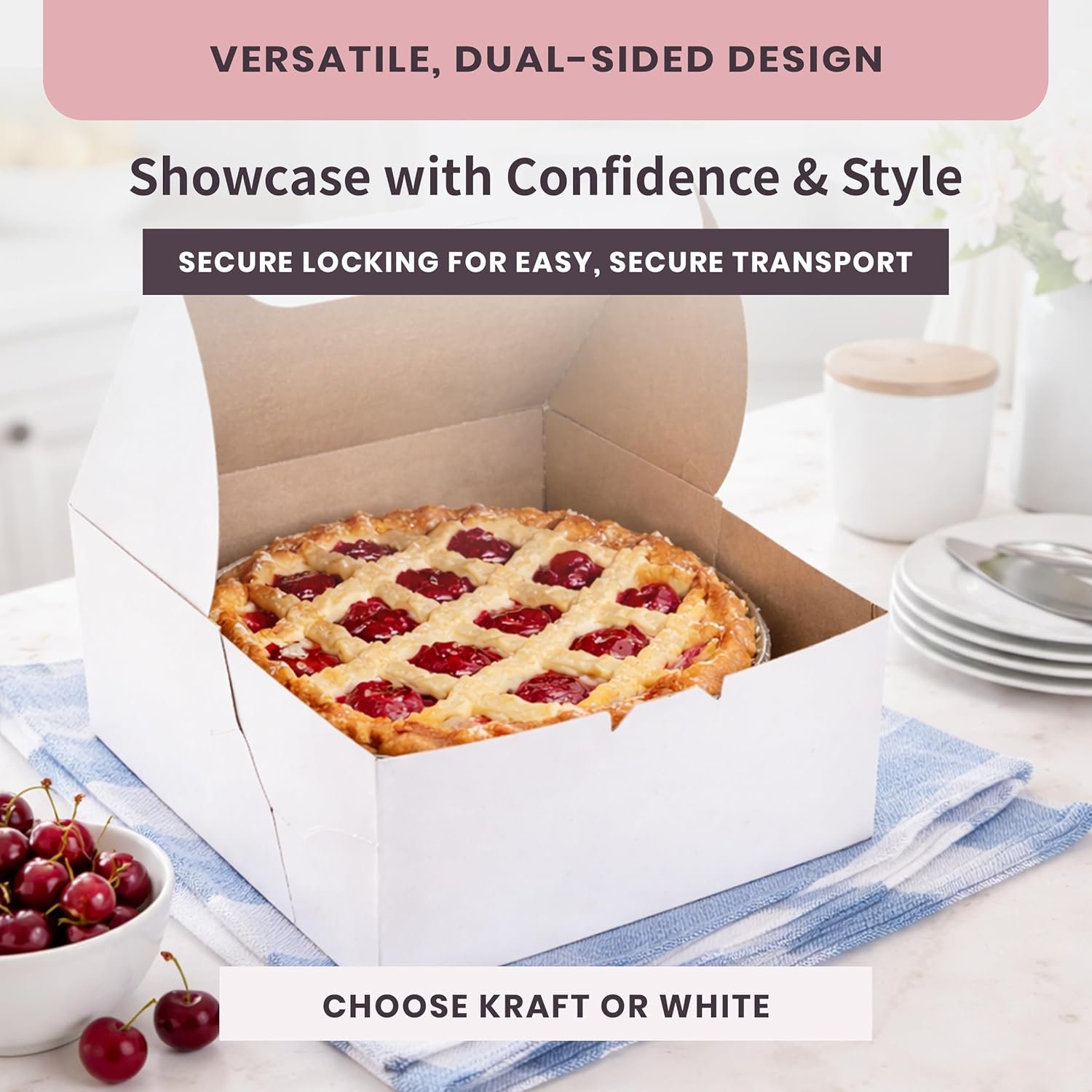 Fornitore Scatole Reversibili Classiche per Torte a Strati 10 x 10 x 5, Cartone Versatile Bianco o Kraft con Logo Personalizzato – Ideali per Piccole Pasticcerie e Caffè, Marchio Bianco Pacco da 50