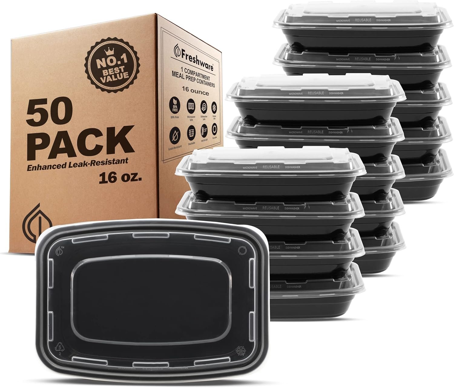 Marchio Bianco Contenitori Meal Prep con Logo Personalizzato [50 Pezzi] Monocomparto per Alimenti con Coperchi Stile Bento Senza BPA Impilabili Adatti a Microonde/Lavastoviglie/Congelatore Dalla Fabbrica (16 oz)