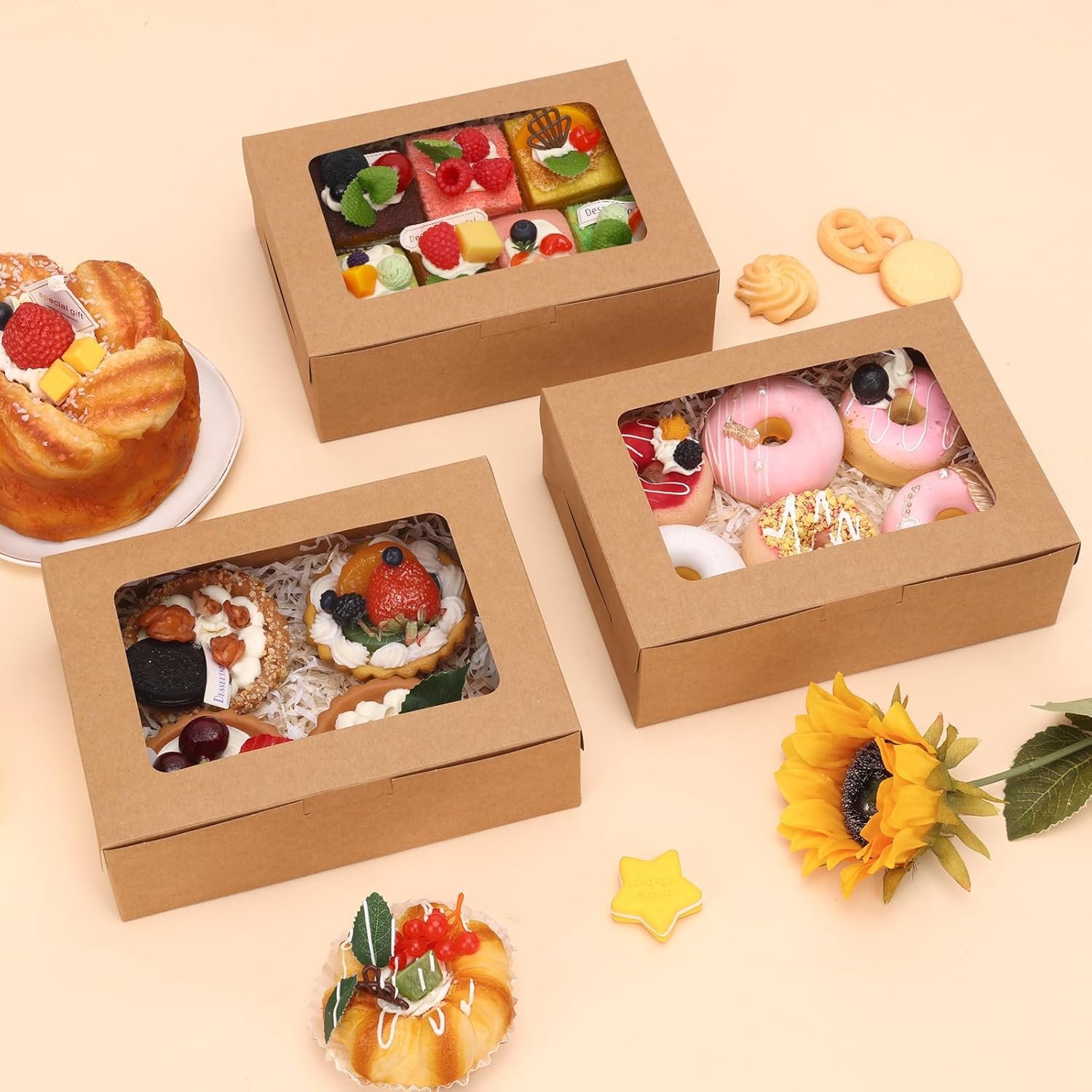 Fornitore Scatole da Pasticceria Marroni con Finestra 12 Pz 8x6x2.5 Pollici Logo Personalizzato per Biscotti Fragole Cioccolato Donuts Cupcakes Muffins Dessert Marchio Bianco