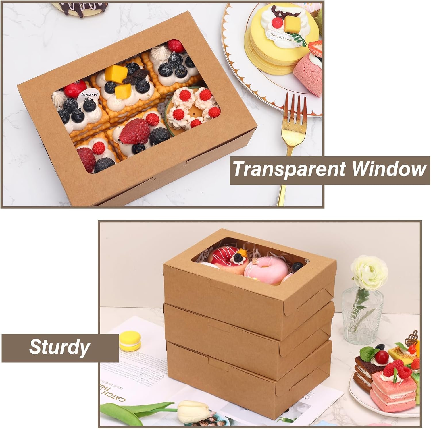 Fornitore Scatole da Pasticceria Marroni con Finestra 12 Pz 8x6x2.5 Pollici Logo Personalizzato per Biscotti Fragole Cioccolato Donuts Cupcakes Muffins Dessert Marchio Bianco