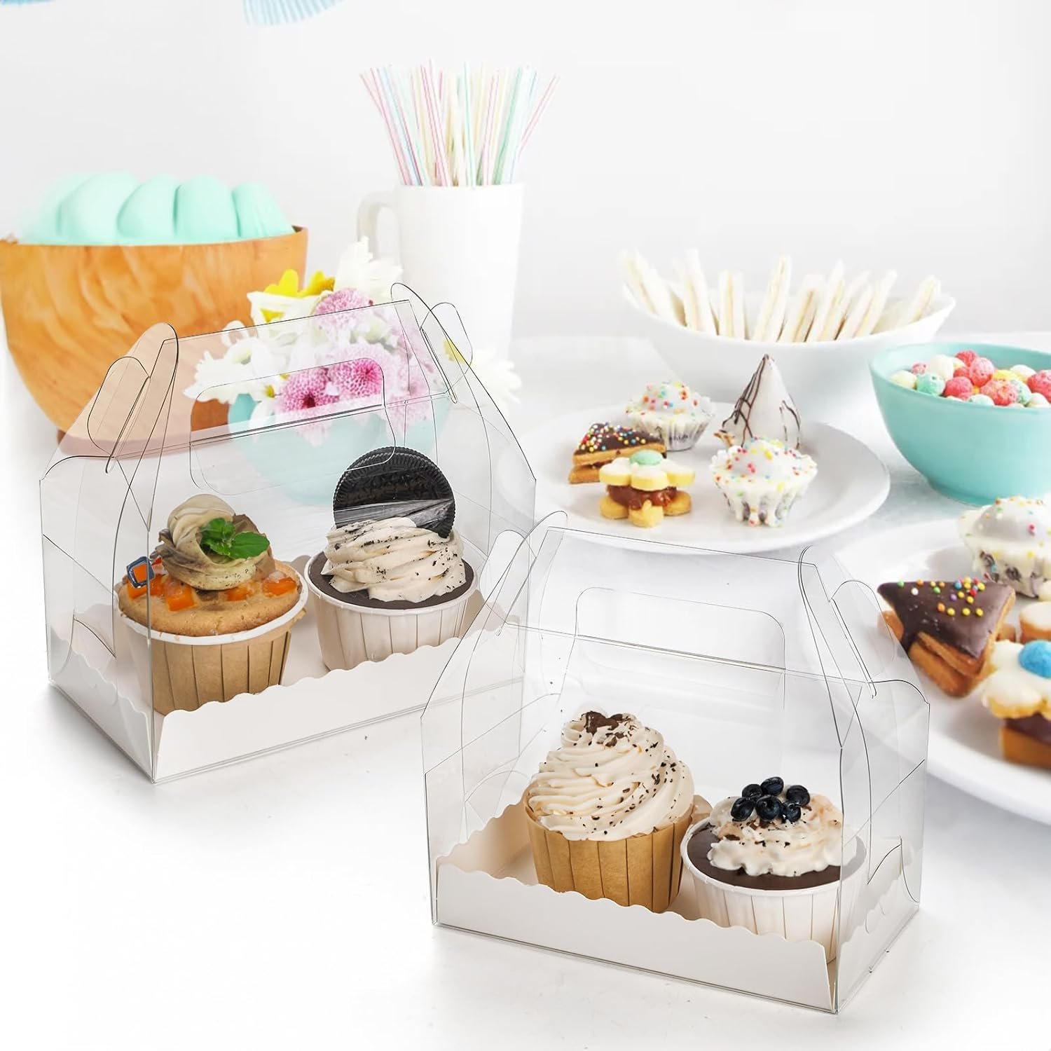 Logo Personalizzato Confezione 40 Scatole Trasparenti a Tettuccio con Maniglia per Pasticceria Marchio Bianco Biscotti Dolci Compleanno Matrimonio Baby Shower 6.4''L x 3.5''W x 3.3''H Fornitore