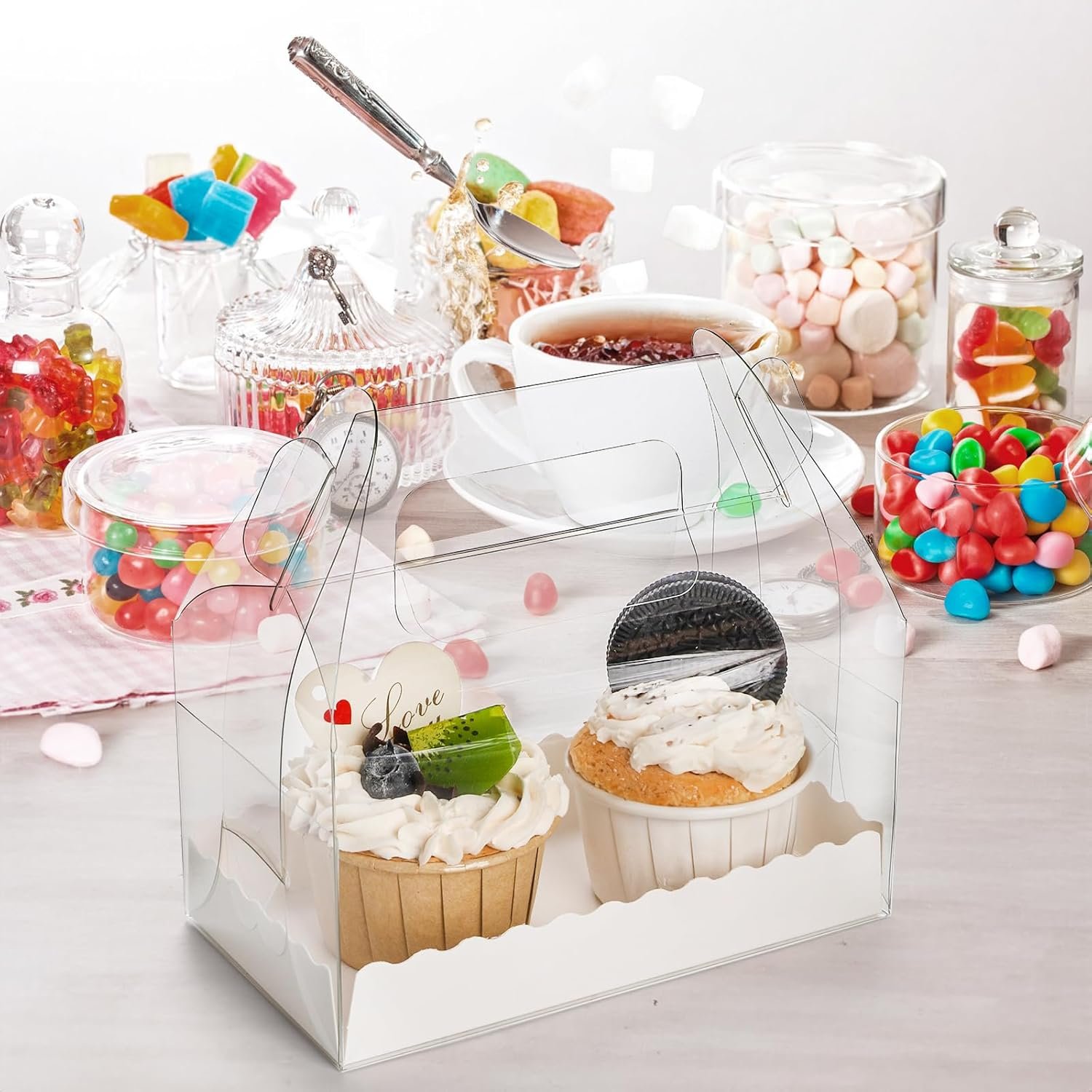 Logo Personalizzato Confezione 40 Scatole Trasparenti a Tettuccio con Maniglia per Pasticceria Marchio Bianco Biscotti Dolci Compleanno Matrimonio Baby Shower 6.4''L x 3.5''W x 3.3''H Fornitore