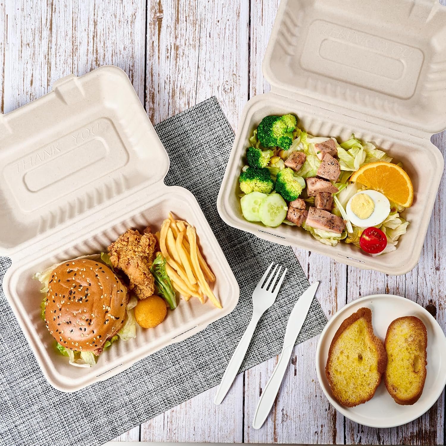 Produttore Contenitori Clamshell Asporto Cibo Confezione 75 100% Compostabili Monouso 9x6 Pollici Resistenti Ecologici con Logo Personalizzato Marchio Bianco