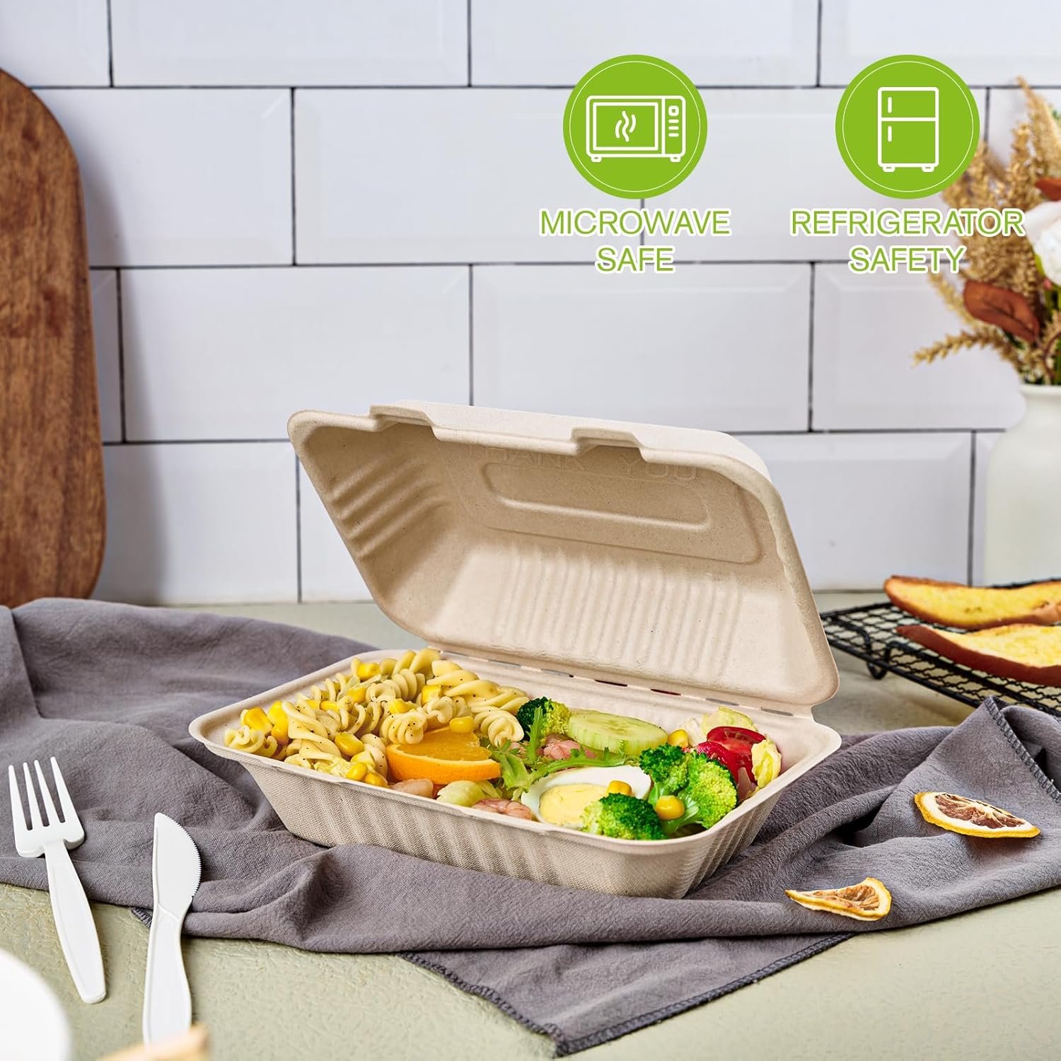 Produttore Contenitori Clamshell Asporto Cibo Confezione 75 100% Compostabili Monouso 9x6 Pollici Resistenti Ecologici con Logo Personalizzato Marchio Bianco