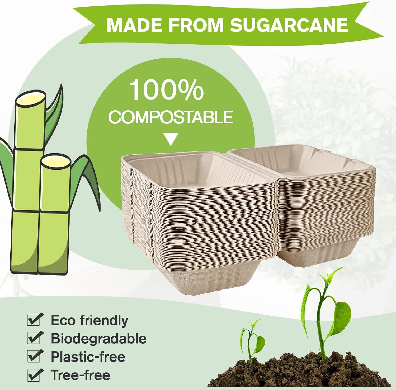 Produttore Contenitori Clamshell Asporto Cibo Confezione 75 100% Compostabili Monouso 9x6 Pollici Resistenti Ecologici con Logo Personalizzato Marchio Bianco