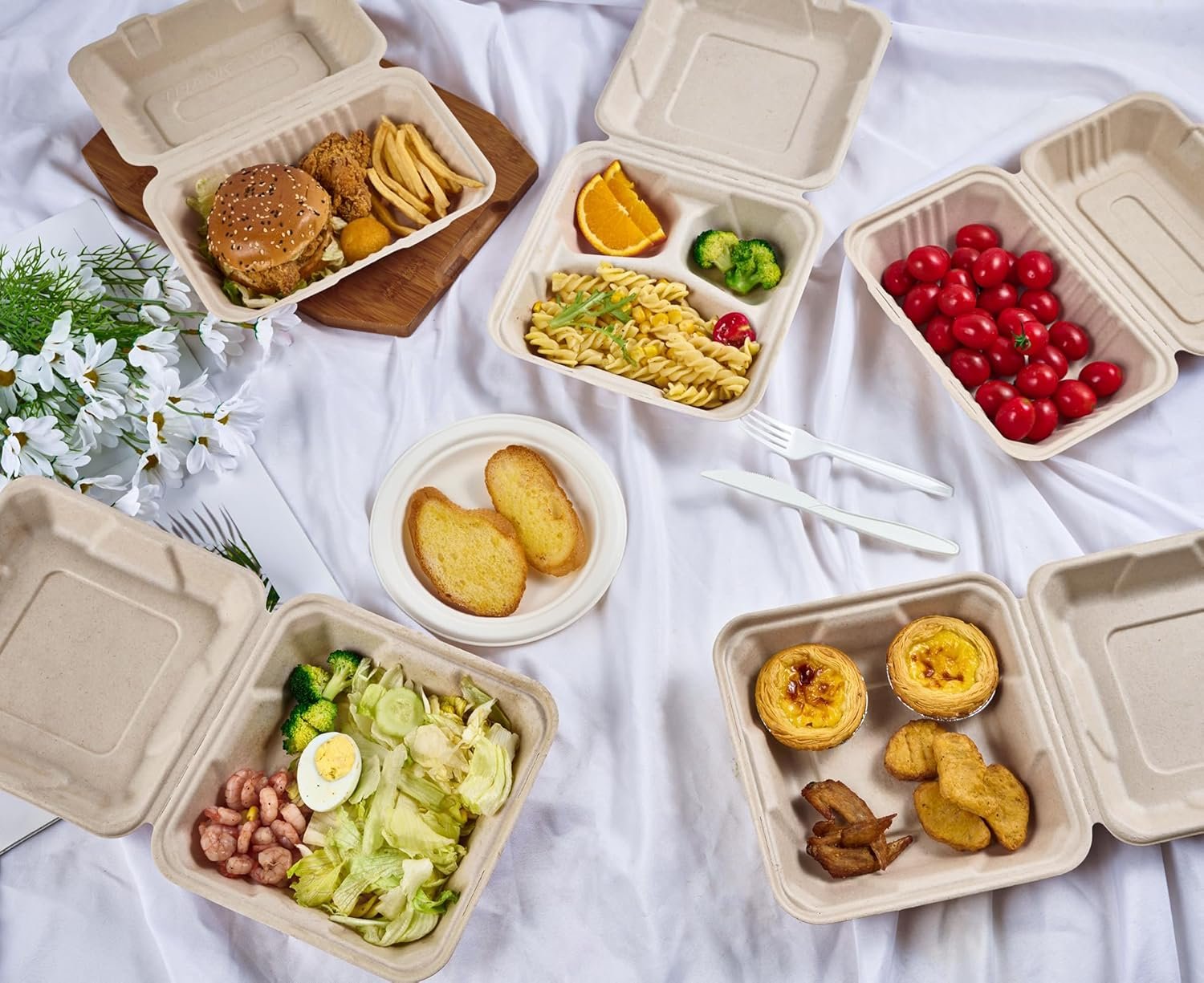 Produttore Contenitori Clamshell Asporto Cibo Confezione 75 100% Compostabili Monouso 9x6 Pollici Resistenti Ecologici con Logo Personalizzato Marchio Bianco