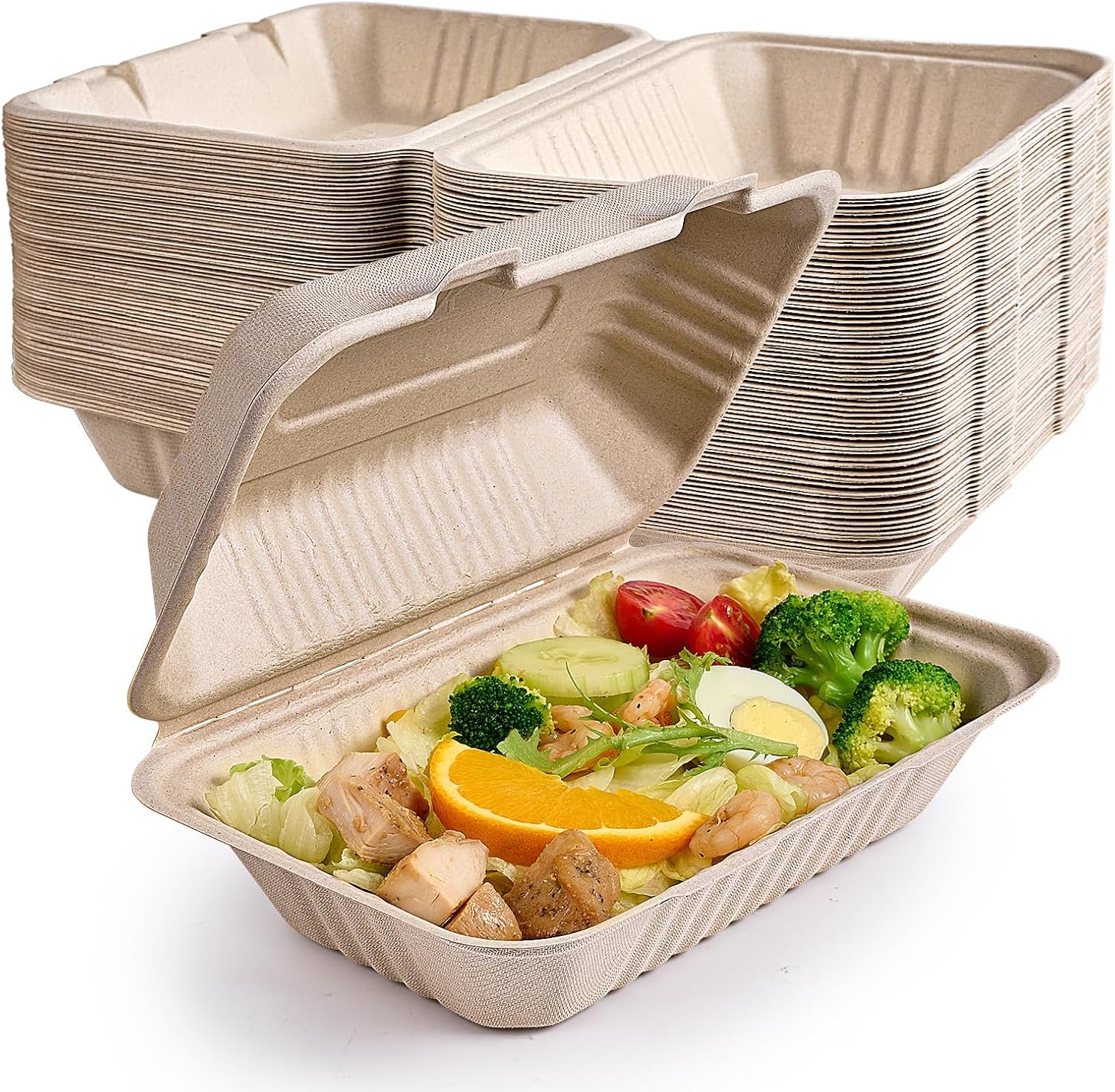 Produttore Contenitori Clamshell Asporto Cibo Confezione 75 100% Compostabili Monouso 9x6 Pollici Resistenti Ecologici con Logo Personalizzato Marchio Bianco
