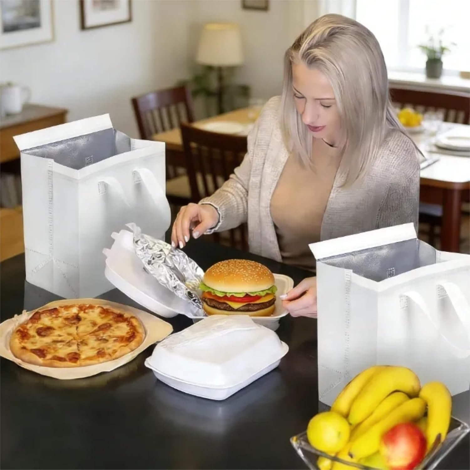 Produttore Confezione da 25 Borse Termiche Isolanti Take Away con Logo Personalizzato, Piccole Borse Frigo Bianche per Cibi Caldi Freddi Surgelati Food Delivery 9,5 x 6 x 10 Pollici Marchio Bianco