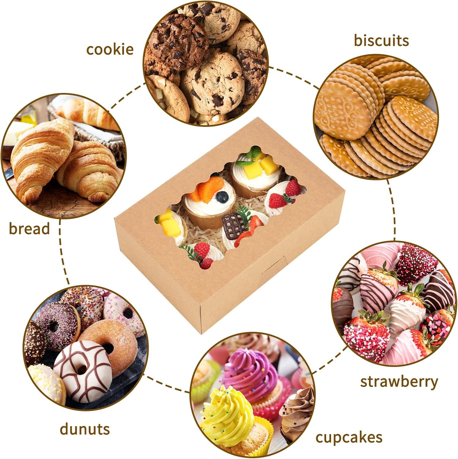 Fornitore di Scatole per Biscotti con Finestra 28 Pezzi 9x6x3 Pollici Marrone Marchio Bianco per Pasticceria Fragole Ricoperte Cioccolato Caramelle Muffins Donuts con Logo Personalizzato
