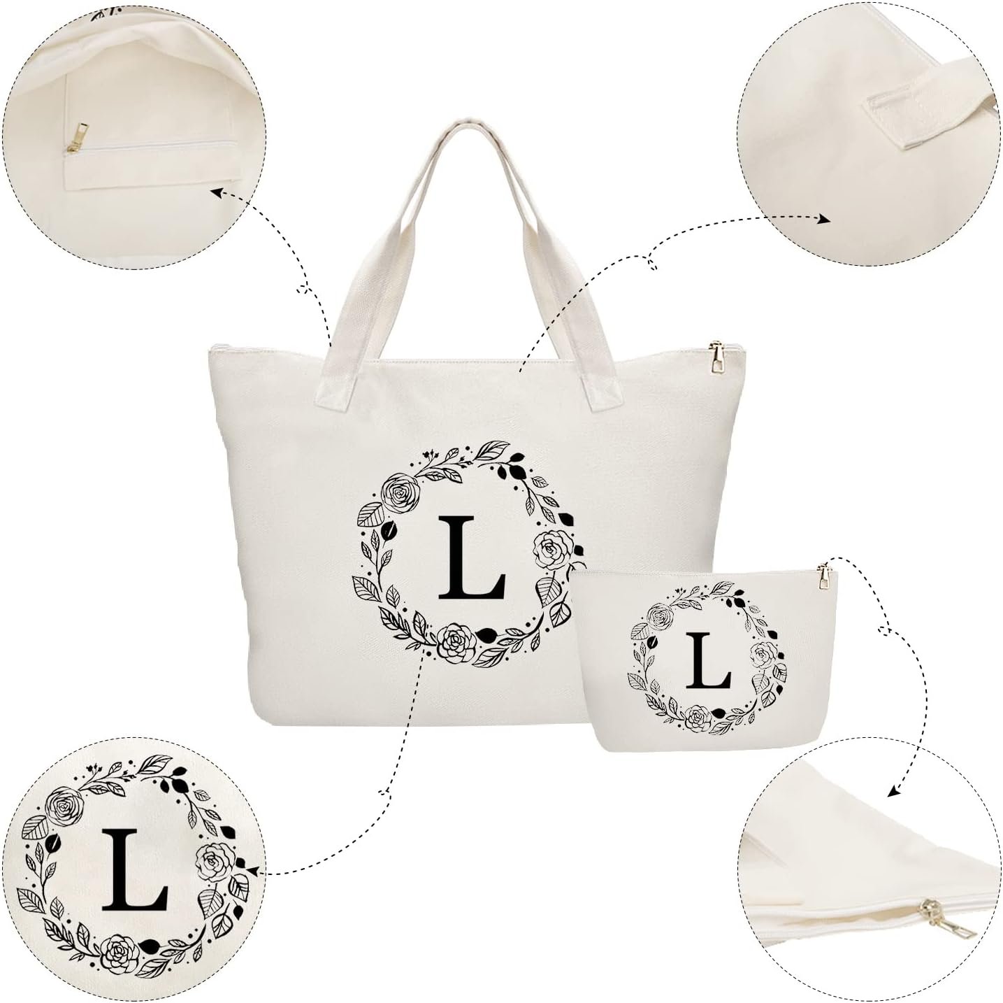 Produttore di Borse Tote in Canvas con Logo Personalizzato Cerniera Tasca Interna e Borsa Trucco in Marchio Bianco Regali Ideali per Donne Mamme Insegnanti Amiche Damigelle