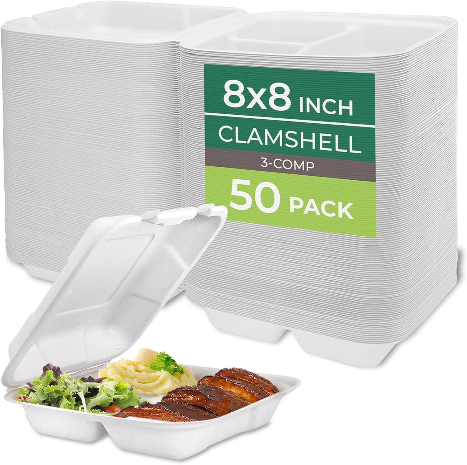 Logo Personalizzato Contenitori per Alimenti Compostabili a Guscio [8x8"] 3 Scomparti Confezione da 50 Monouso Biodegradabili in Canna da Zucchero Marchio Bianco Box da Asporto in Carta Adatti a Microonde e Congelatore Impilabili Fornitore