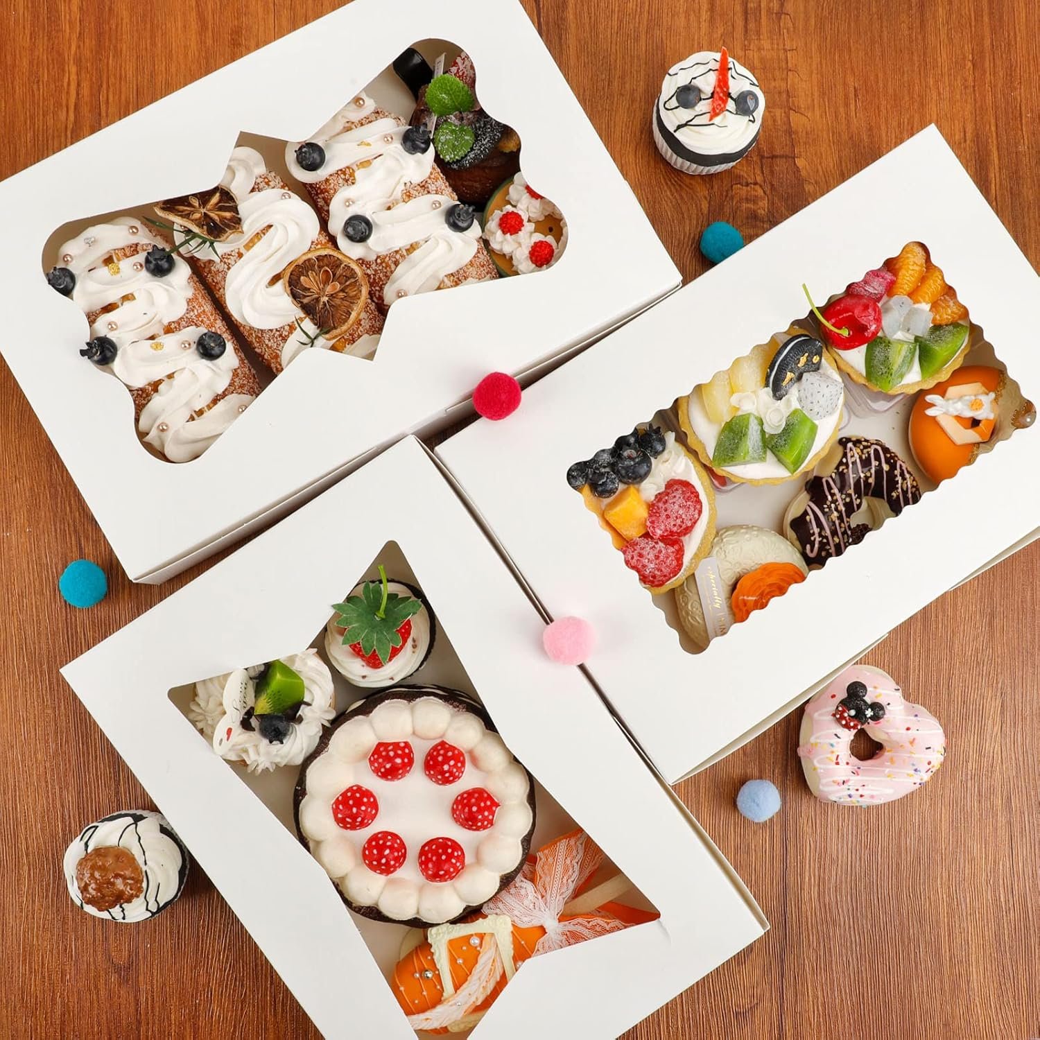 Logo Personalizzato 48 Scatole da Pasticceria 12x8x2.5 Pollici con Finestra in 3 Stili per Fragole Ricoperte di Cioccolato Dolci e Biscotti dal Fornitore con 4 Adesivi Marchio Bianco