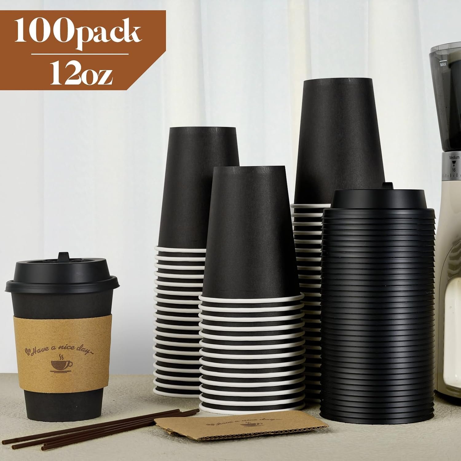 Logo Personalizzato Confezione da 100 Bicchieri Carta 12 oz Neri Monouso con Coperchi Maniche Termiche Bastoncini per Caffè e Cioccolata Calda dal Produttore per Marchio Bianco