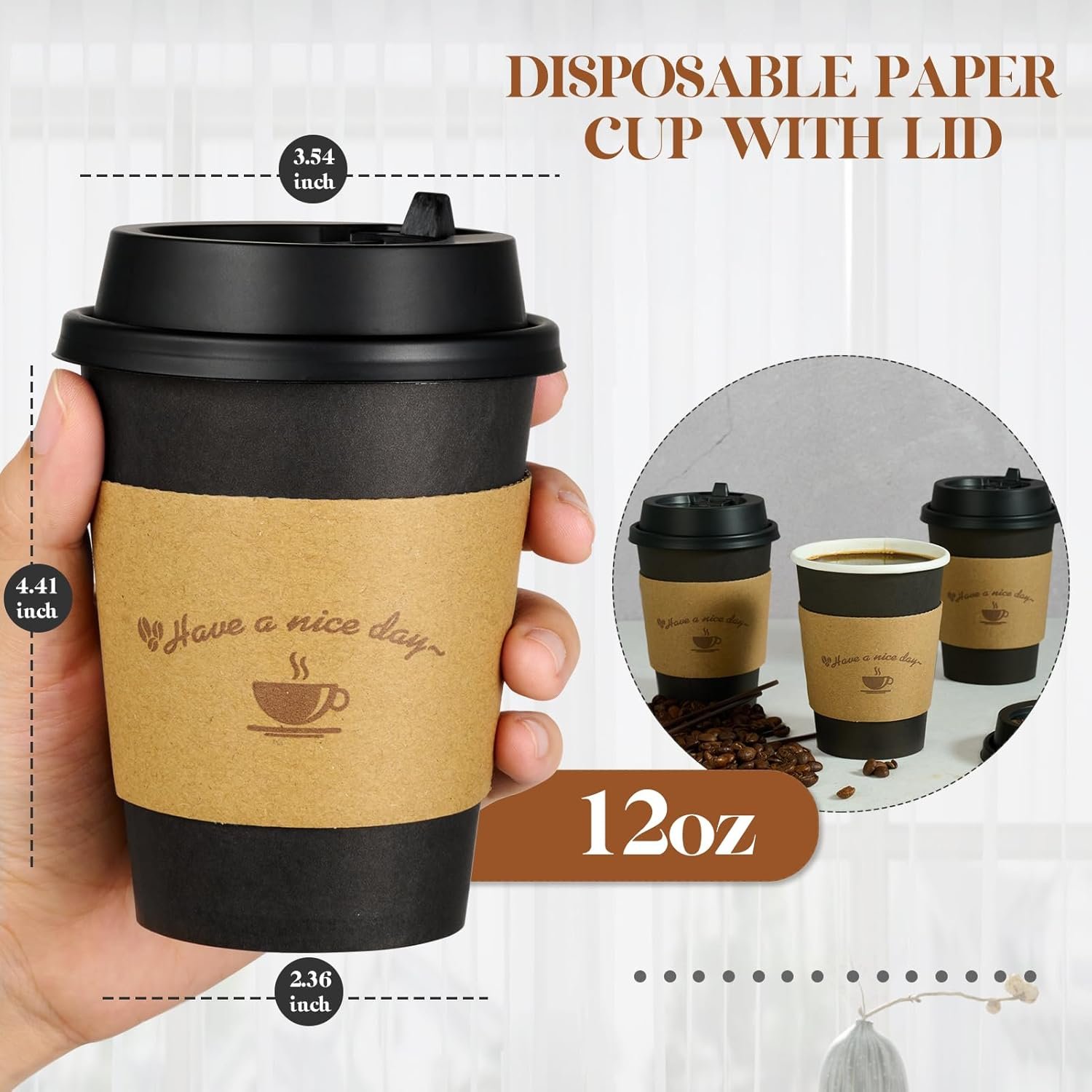 Logo Personalizzato Confezione da 100 Bicchieri Carta 12 oz Neri Monouso con Coperchi Maniche Termiche Bastoncini per Caffè e Cioccolata Calda dal Produttore per Marchio Bianco
