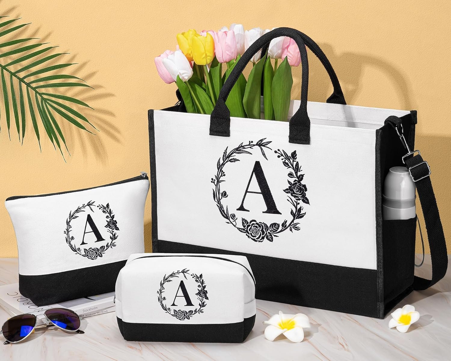 Fornitore Borse Tote Canvas con Iniziali e Borsa Trucco Monogrammata con Cerniera Spiaggia per Donna Regali Pasqua Festa della Mamma Compleanno per Mamme Sorelle Migliori Amiche Insegnanti con Logo Personalizzato Marchio Bianco